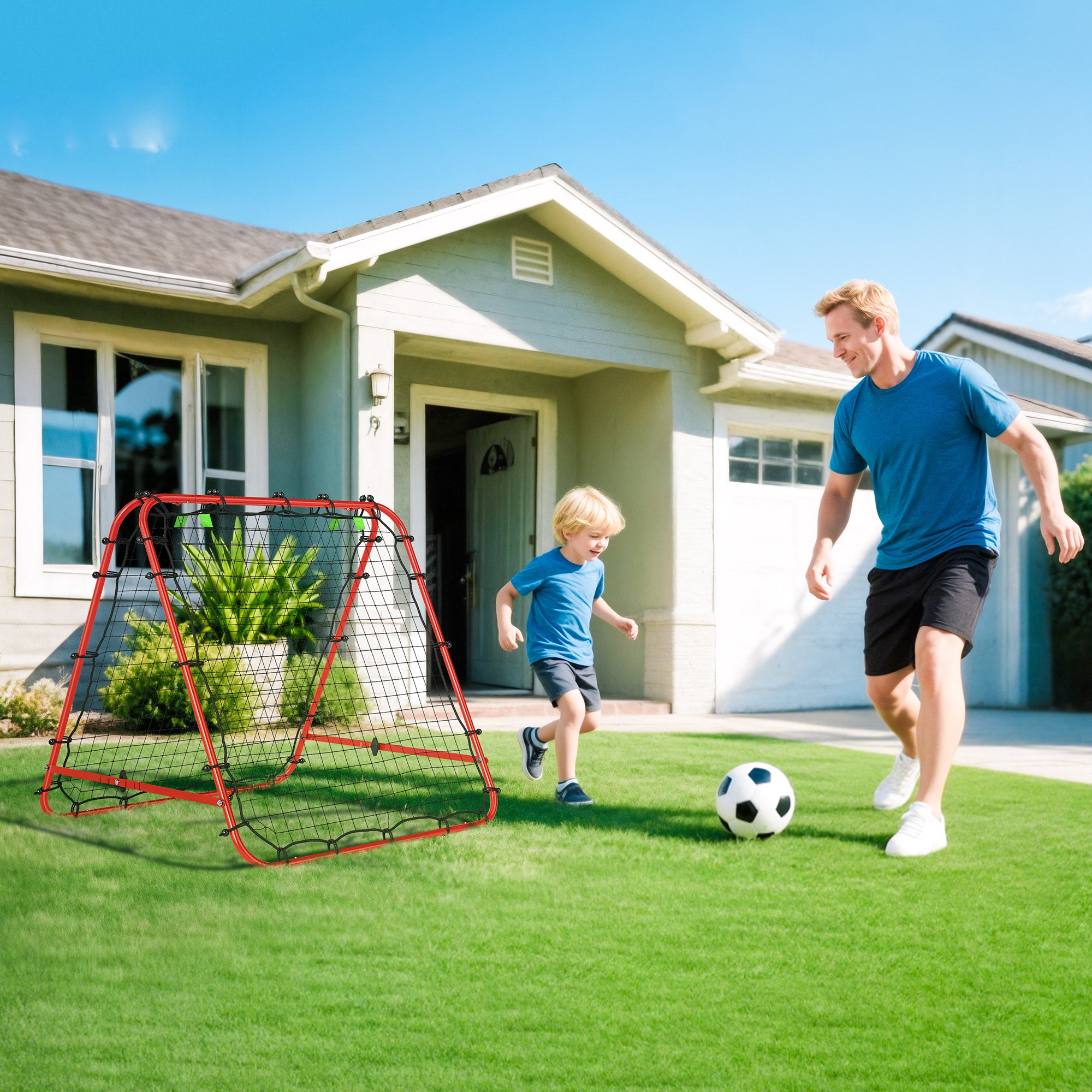 HOMCOM Double Sided Football Rebounder Net, Football Rebound Goal with 5 Adjustable Angles, Red