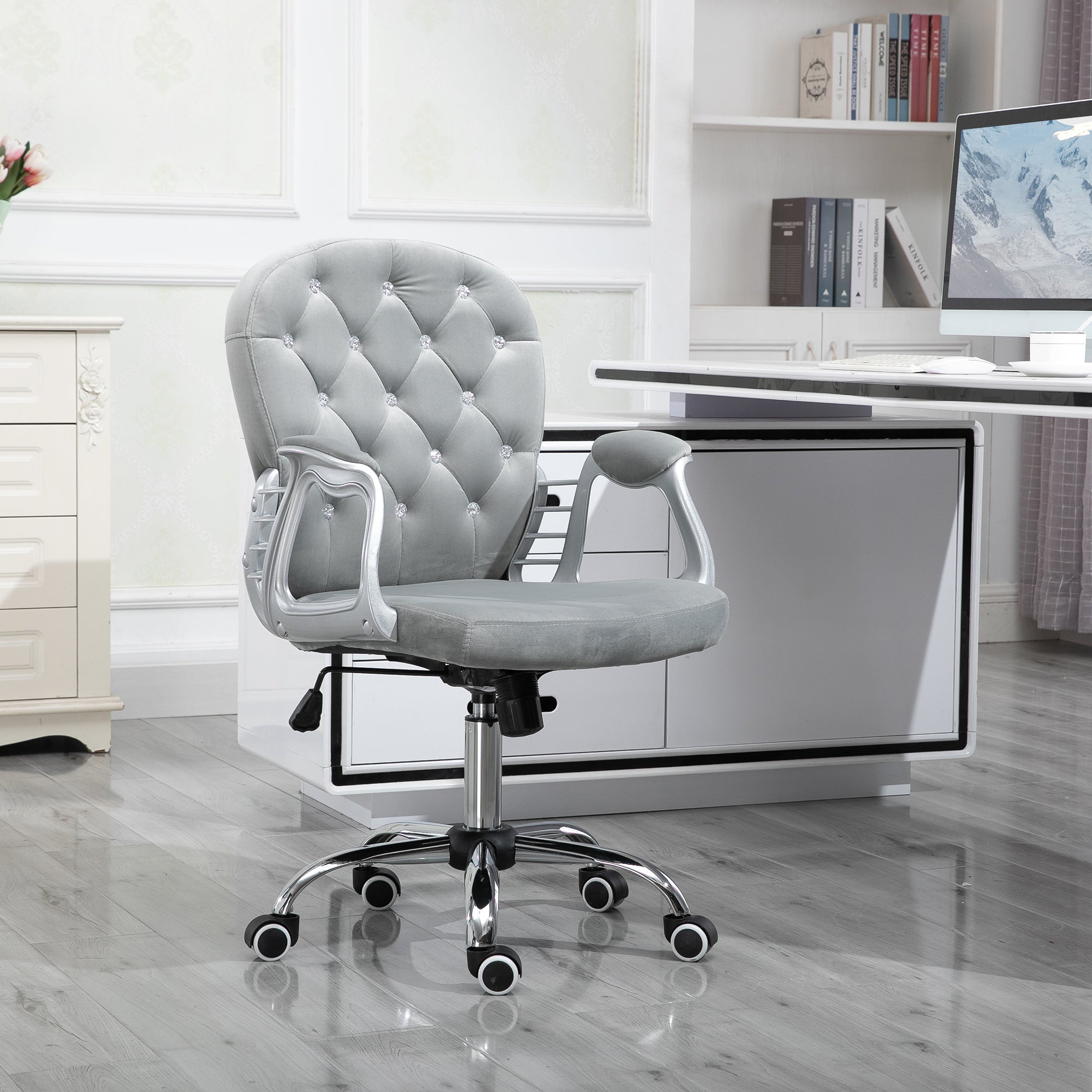 Vinsetto Office Chair, Swivel Desk Chair, Velvet Vanity Chair with Adjustable Height and Rolling Wheels for Home Work Study, Grey - North Peak Garden Furniture