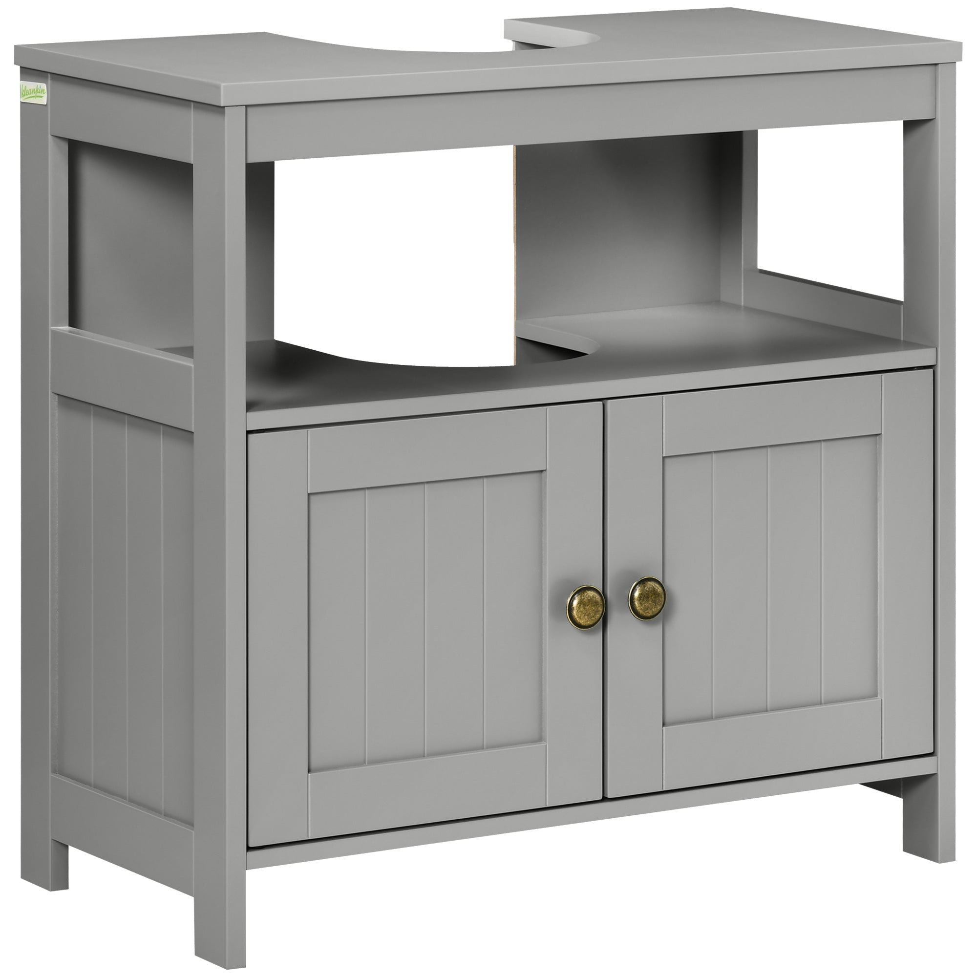 kleankin Pedestal Under Sink Cabinet with Double Doors, Modern Bathroom Vanity Storage Unit with Shelves, Light Grey - North Peak Garden Furniture
