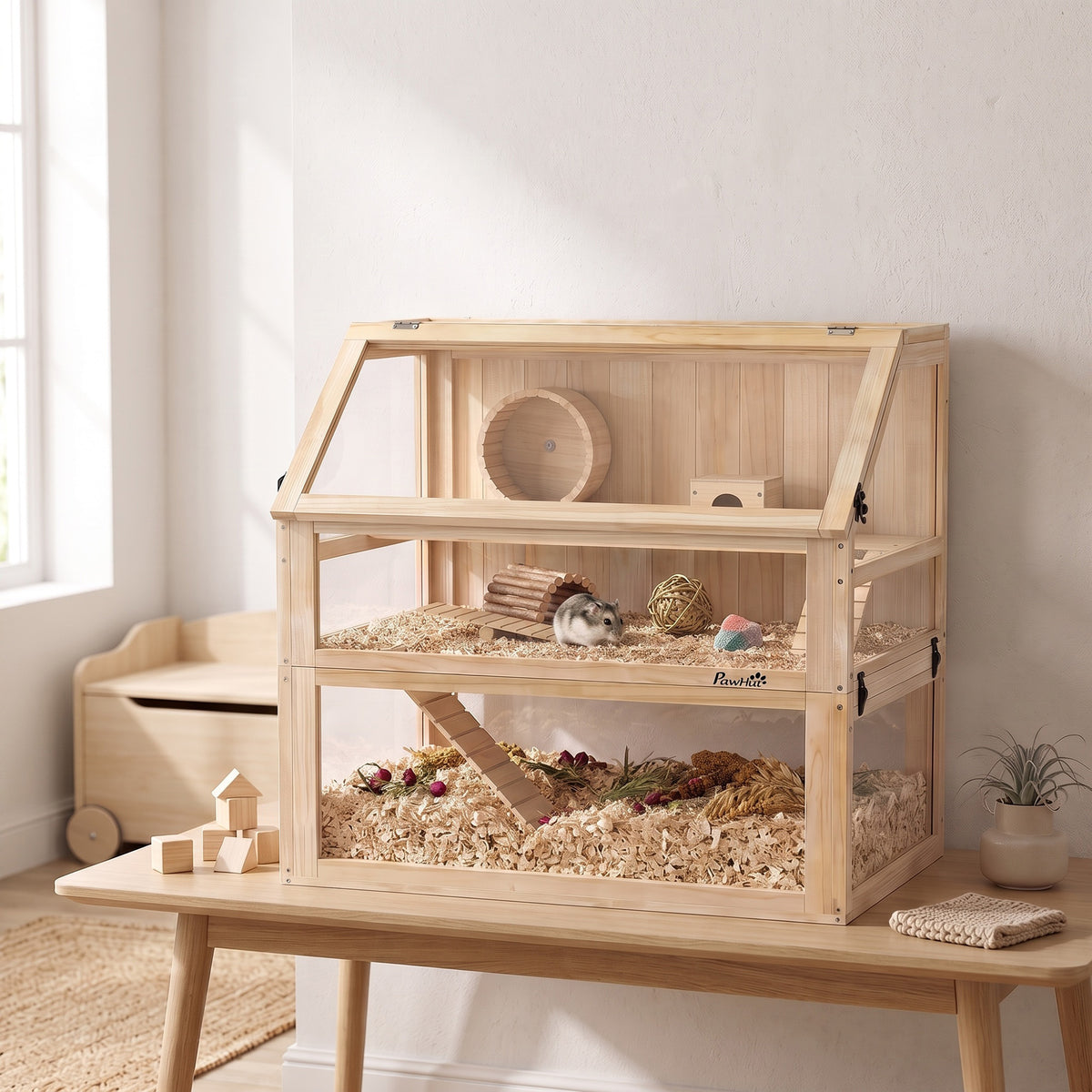 PawHut Wooden Hamster Cage with Detachable 31cm Deep Bottom, Hut, Seesaw, Exercise Wheel, Ramp, 80 x 50 x 76cm, Natural