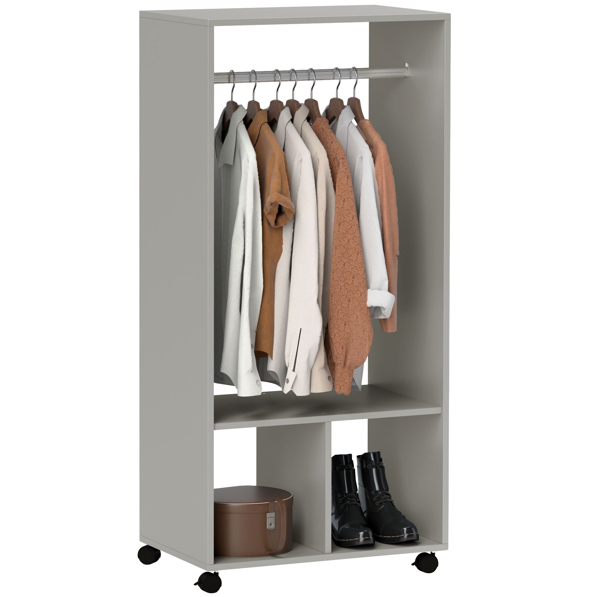 HOMCOM Open Wardrobe for Bedroom, Small Wardrobe on Wheels with Clothes Rail, Storage Shelves, Mobile Garment Rack for Clothes Storage, Cloakroom, Hallway, Grey - North Peak Garden Furniture