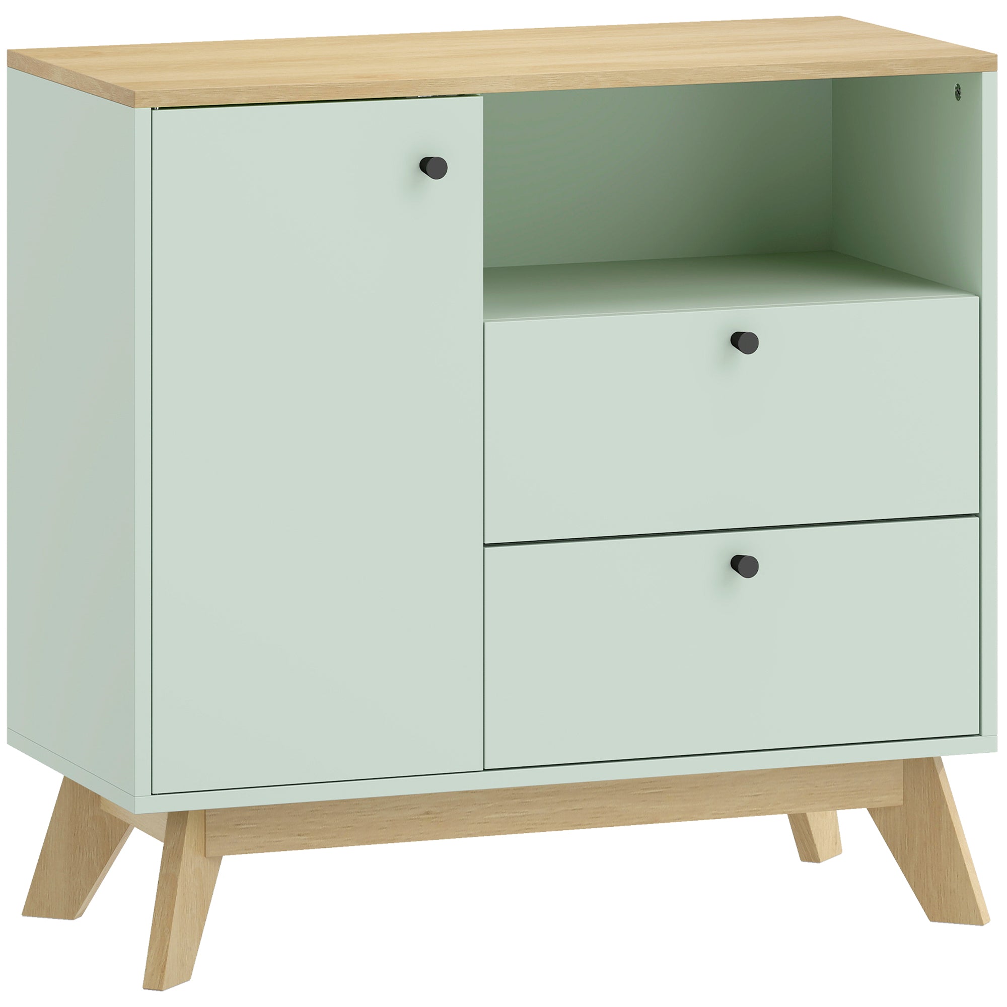 HOMCOM Sideboard Storage Cabinet, 80 cm Buffet Cabinet with 2 Drawers, Open Compartment, Adjustable Shelf, Light Green and Oak