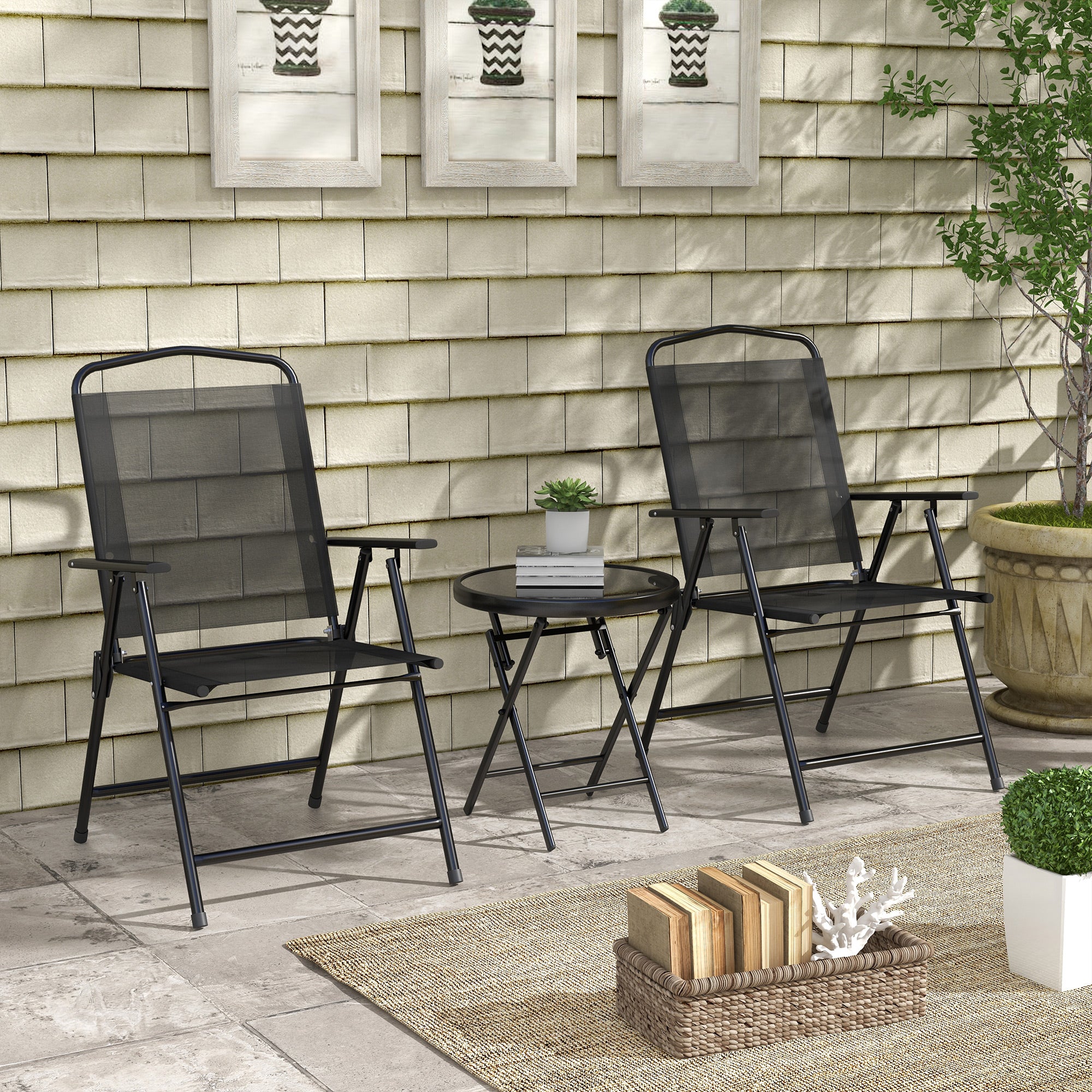 Outsunny Three-Piece Garden Seat Set, with Glass-Top Table - Black - North Peak Garden Furniture