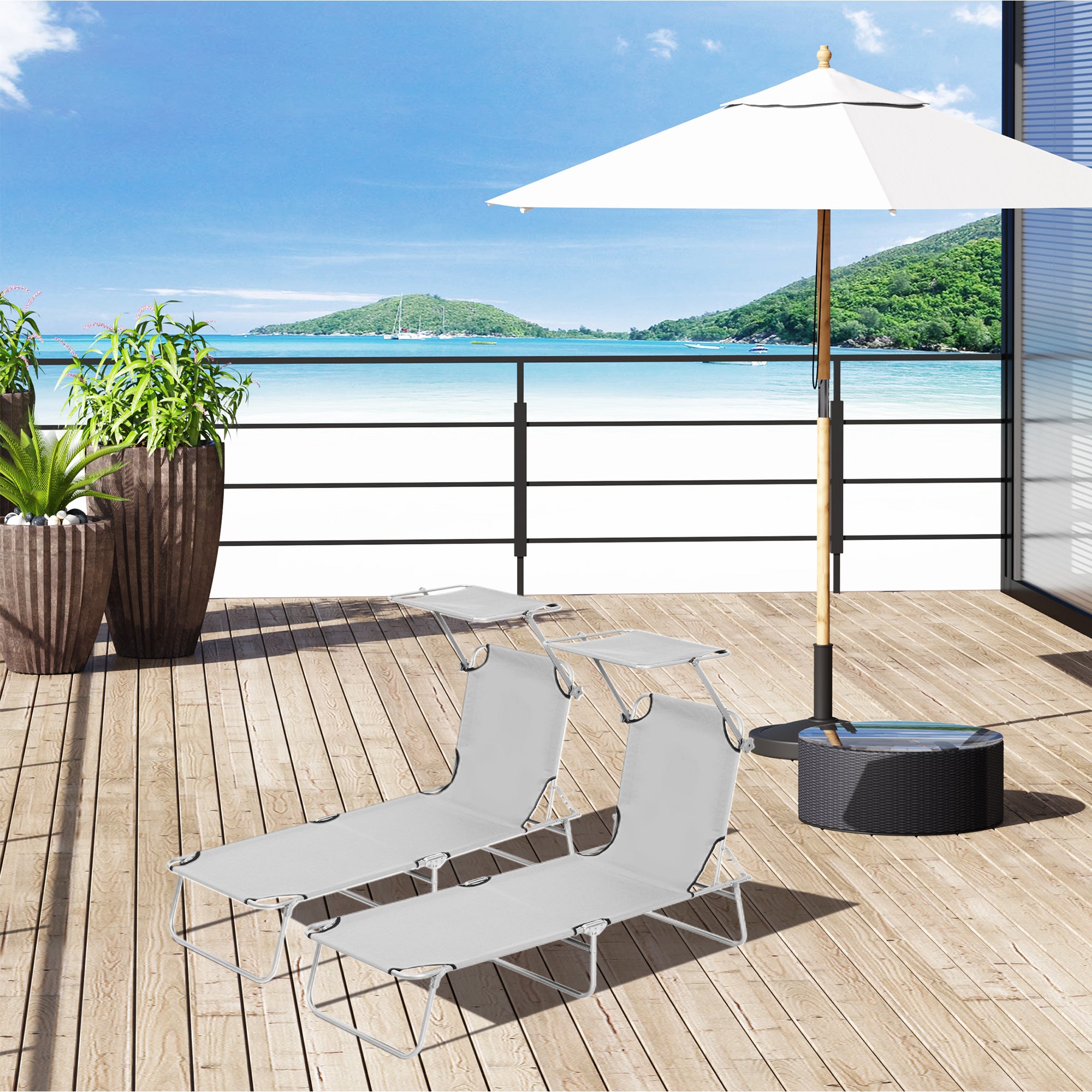 Outsunny 2 Pieces Outdoor Foldable Sun Lounger, 4 Level Adjustable Backrest Reclining Sun Lounger Chair with Angle Adjust Sun Shade Awning for Beach, Garden, Patio, Light Grey - North Peak Garden Furniture