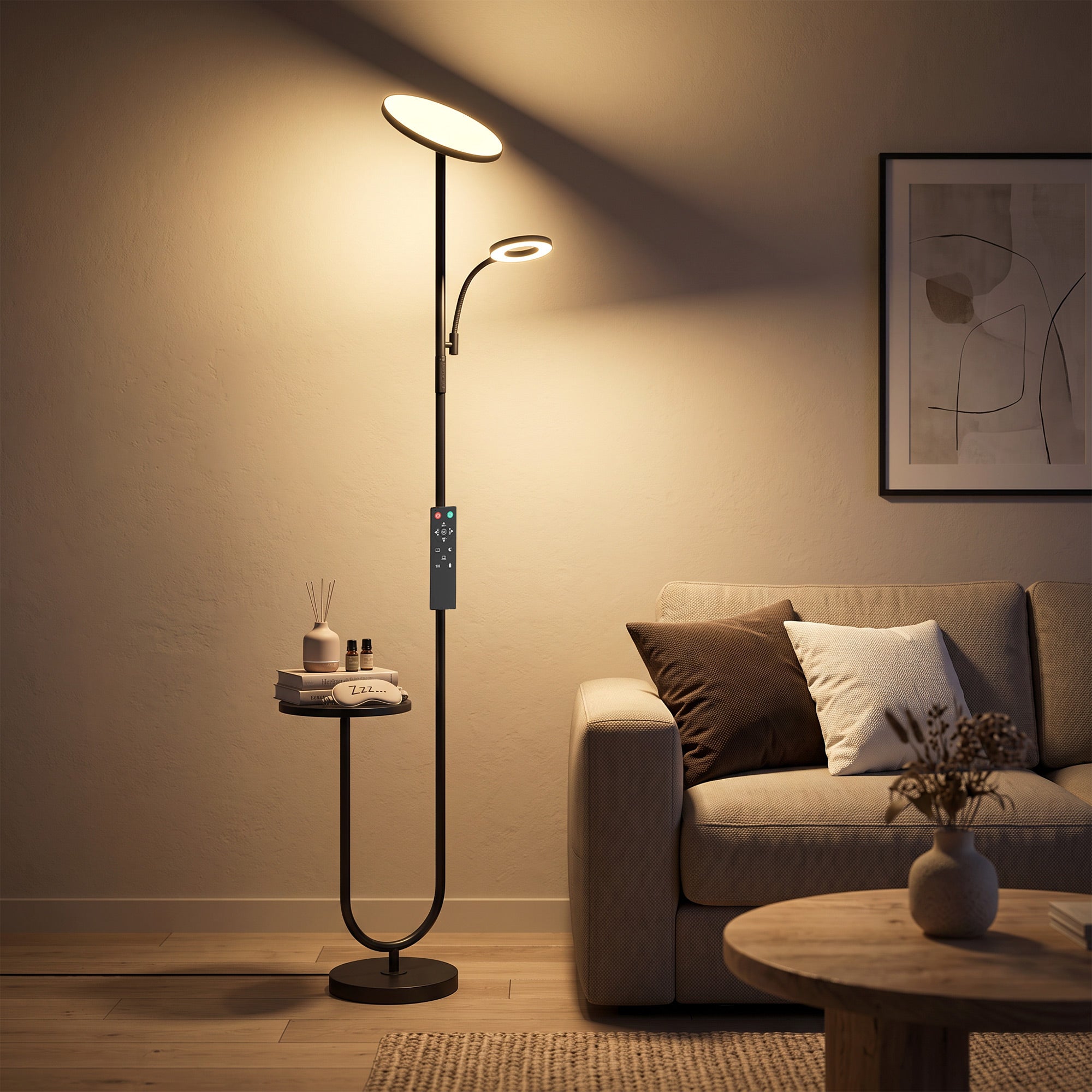 HOMCOM Uplighter Floor Lamp with Table and Reading Light, Dual Light Dimmable Standing Lamp with Remote & 4 Colour Temperatures