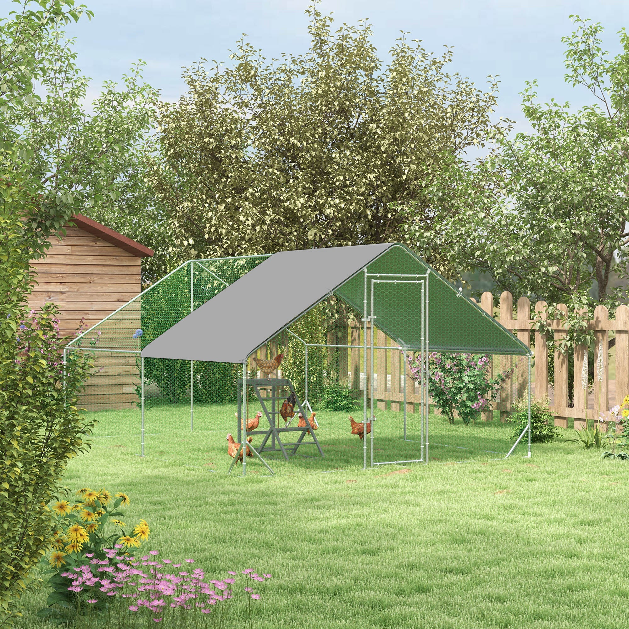 PawHut Walk In Chicken Run with Chicken Activity Shelf and Cover, 3 x 4 x 2m - North Peak Garden Furniture