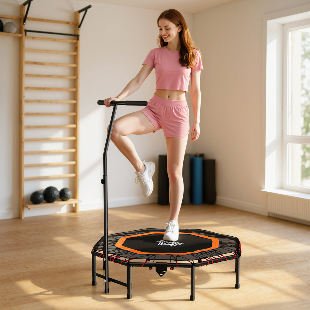HOMCOM Fitness Trampoline, Bouncer with Adjustable Handle, Max Load 150 kg