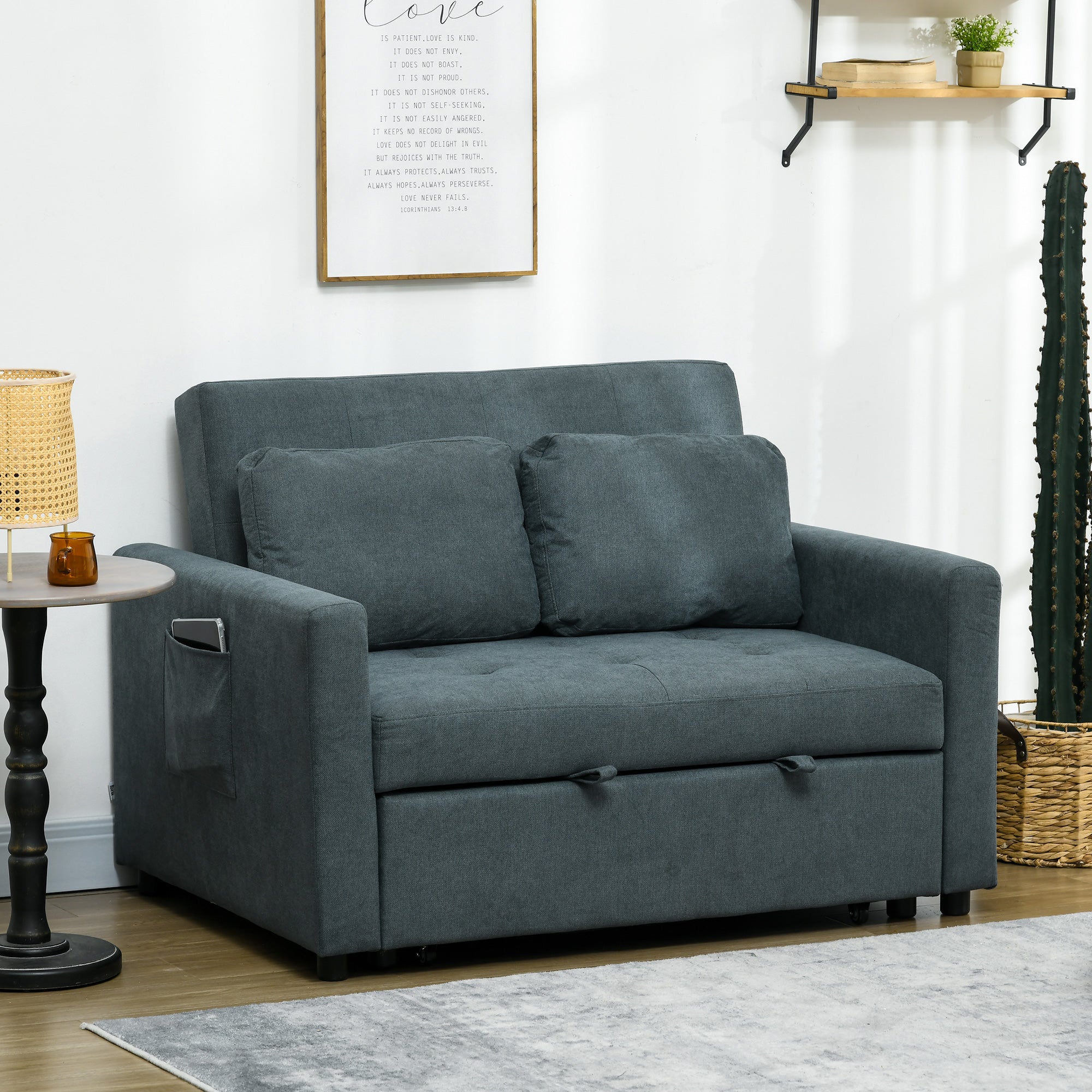 HOMCOM Loveseat Sofa Bed, Convertible Bed Settee with 2 Cushions, Side Pockets for Living Room, Charcoal Grey - North Peak Garden Furniture