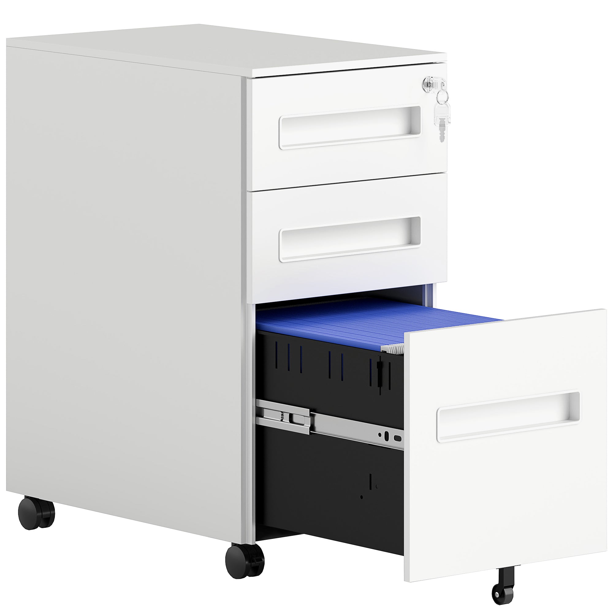 Vinsetto Metal Mobile File Cabinet with Wheels, Lockable 3 Drawer Filing Cabinet for A4, Legal, Letter, Compact Under Desk Storage Unit with Pre-Assembled Body for Home Office, 30 x 43.5 x 60cm, White - North Peak Garden Furniture