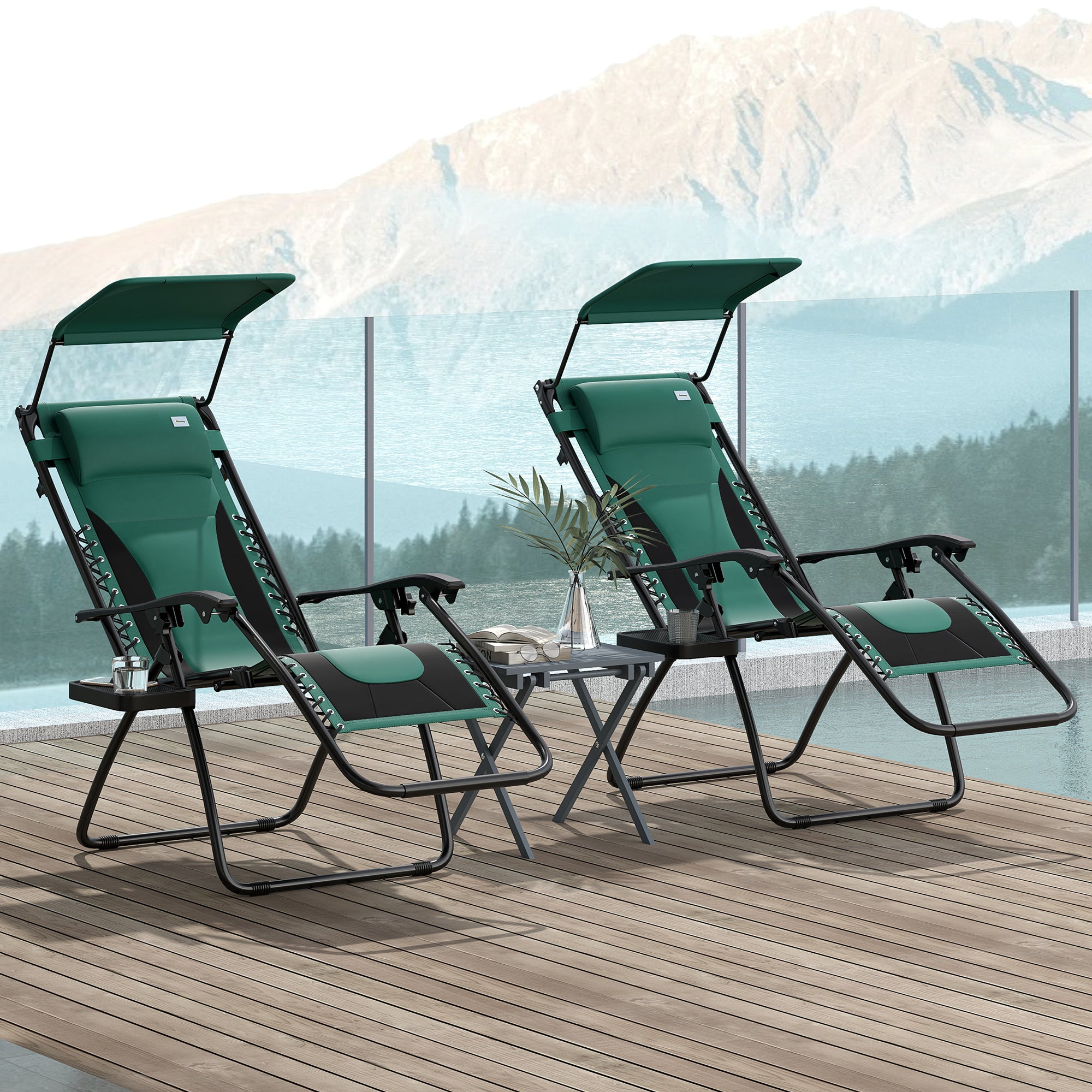 Outsunny Zero Gravity Lounger Chair Set of 2, Folding Reclining Patio Chair with Shade Cover, Padded Seat, Cup Holder, Soft Cushion and Headrest for Poolside, Camping, Green - North Peak Garden Furniture