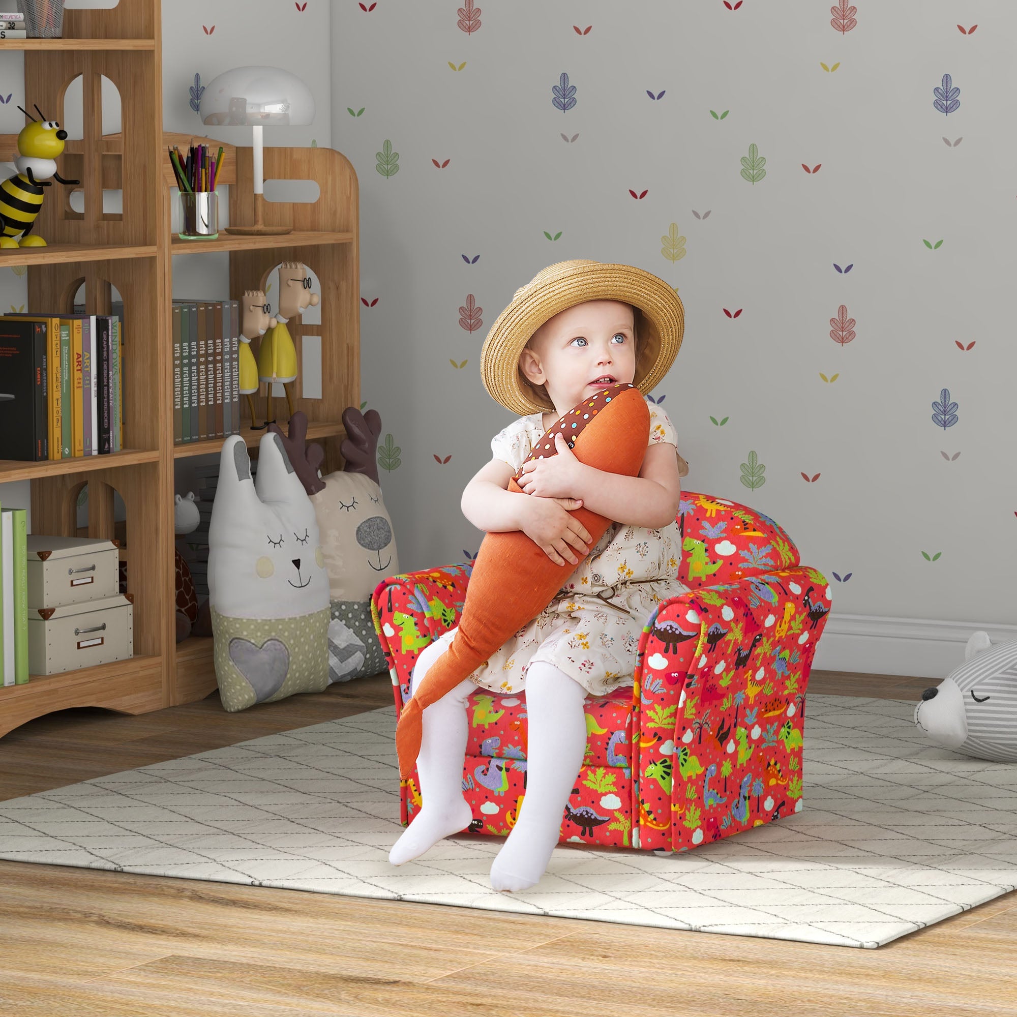 AIYAPLAY Kids Armchair with Dinosaur Design, Wooden Frame, for Bedroom, Playroom, Kids Room, Red - North Peak Garden Furniture