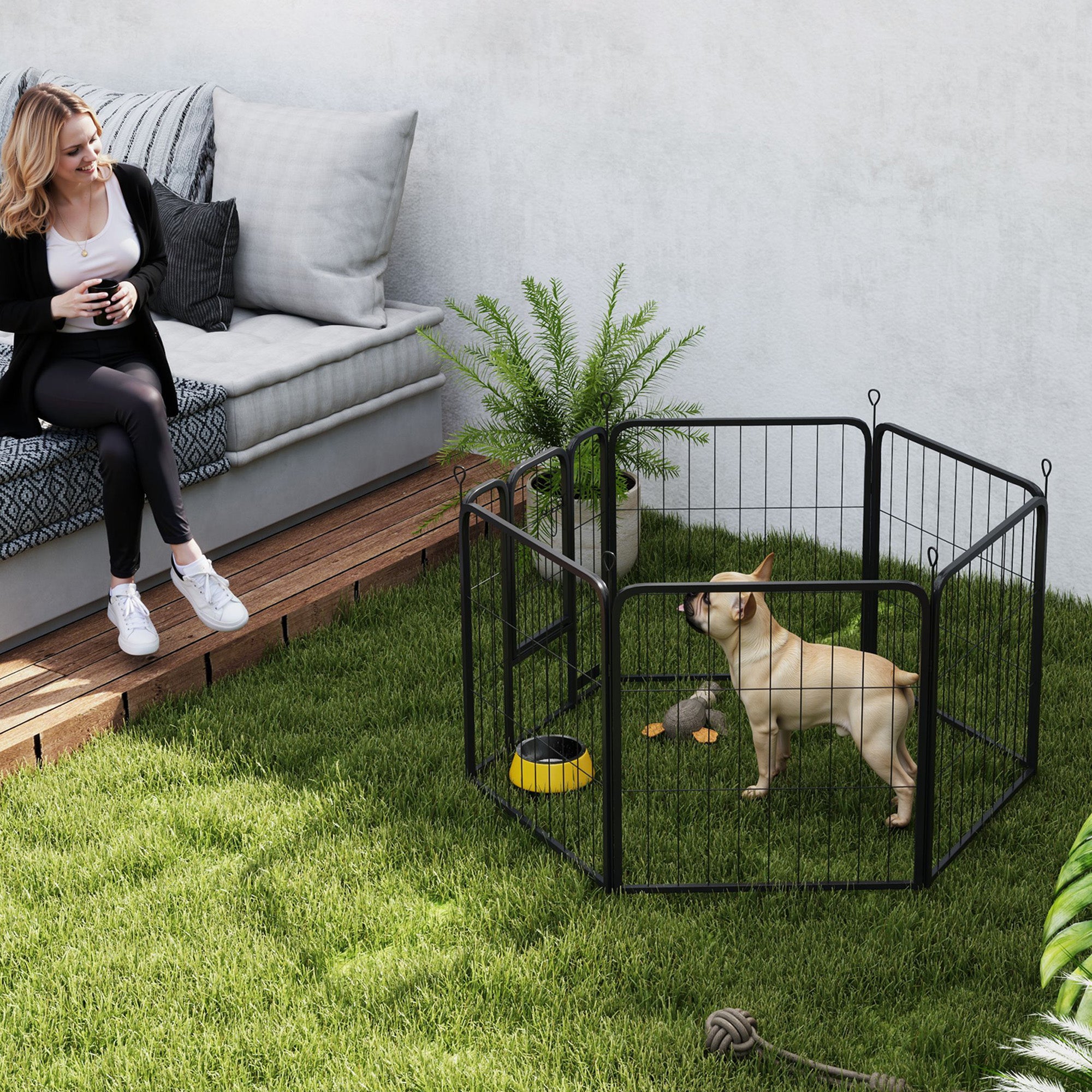 PawHut 6 Panels Heavy Duty Dog Playpen with Secure Door, for Indoor Outdoor, for Garden, Camping, 60cm High - North Peak Garden Furniture