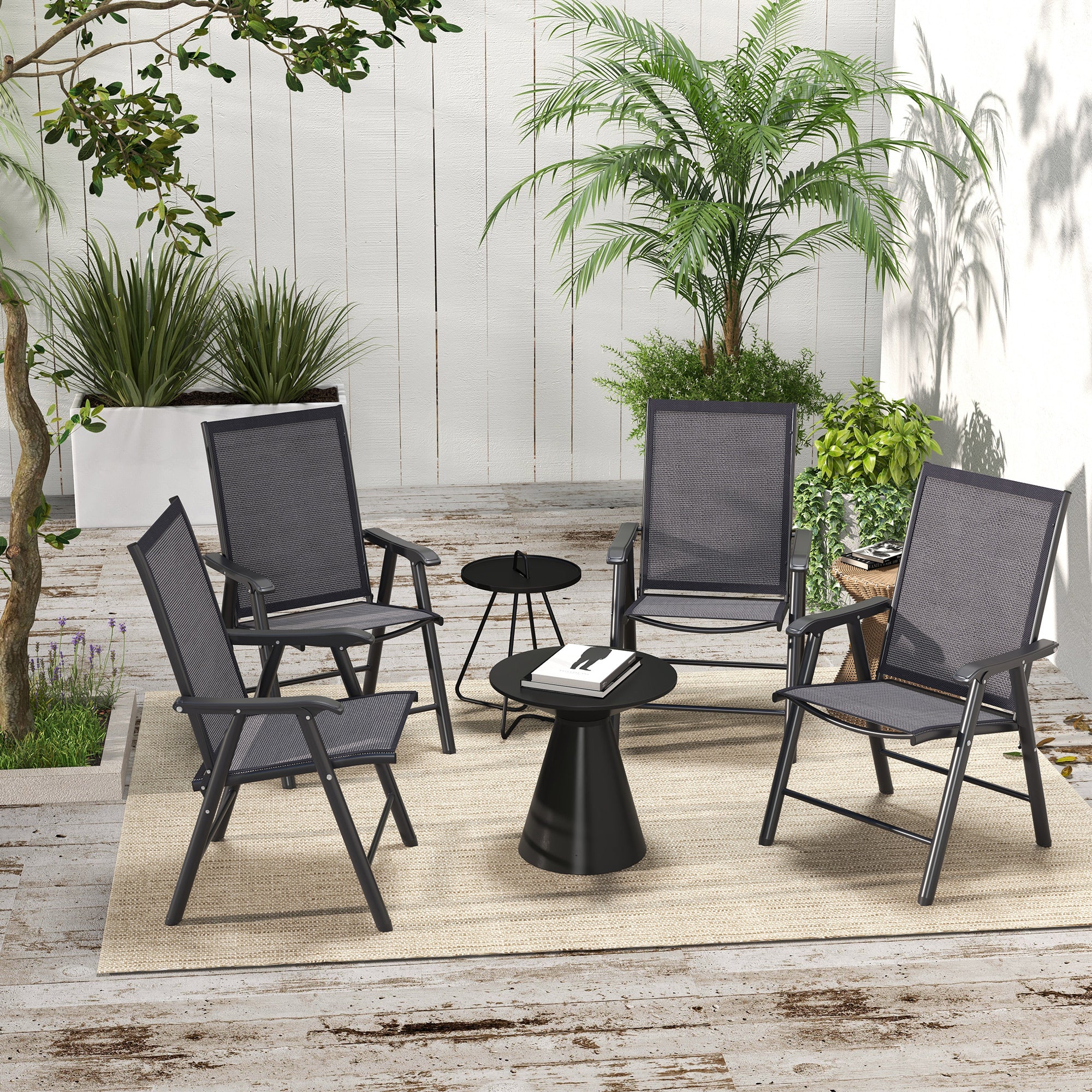 Outsunny Set of 4 Foldable Metal Garden Chairs Outdoor Patio Park Dining Seat Furniture Charcoal Grey - North Peak Garden Furniture