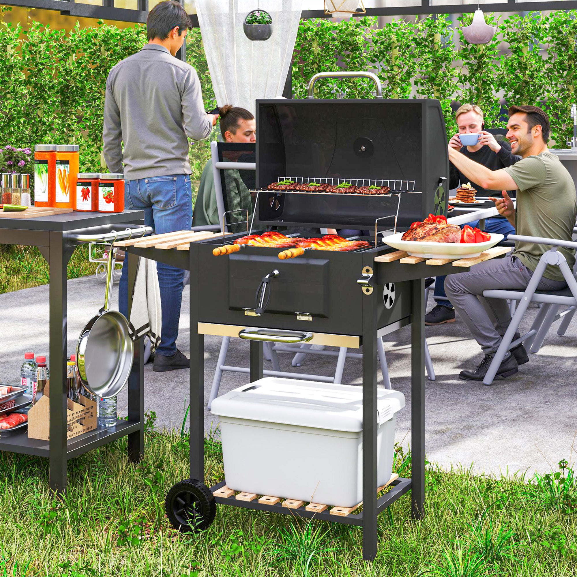 Outsunny Charcoal BBQ Grill with Height Adjustable Charcoal Pan, Portable Barbecue Smoker with Warming Rack, 3 Shelves, Temperature Gauge, Wheels, Bottle Opener for Outdoor Cooking Garden Party - North Peak Garden Furniture