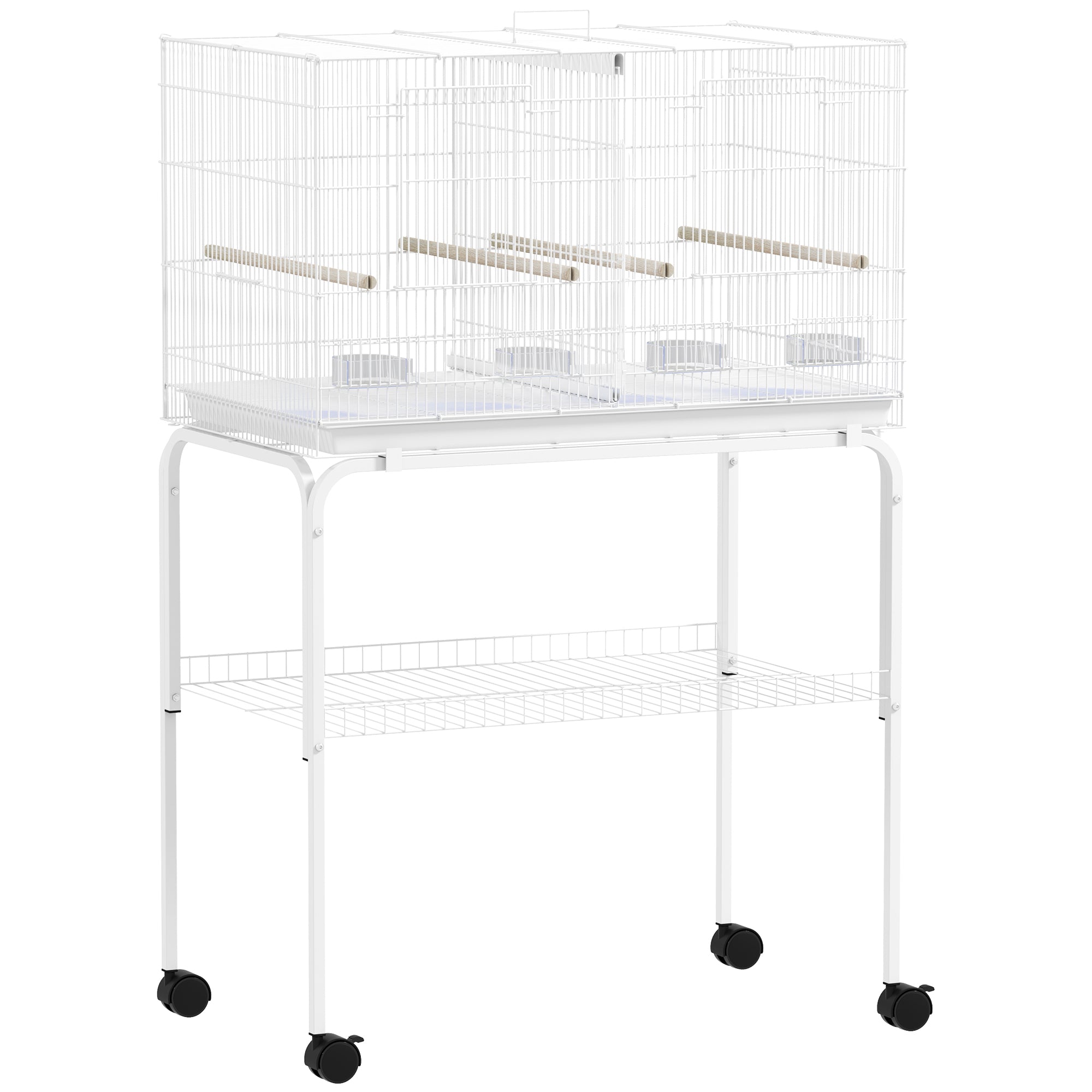 PawHut Bird Cage with Divider, 4 Wooden Perches, Slide Out Tray, 4 Feeders, for Budgie, Lovebird, Canary, 76 x 46 x 116cm White