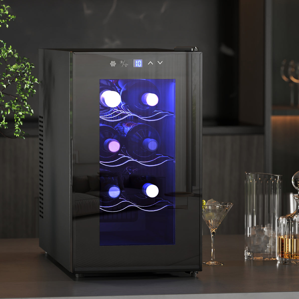 HOMCOM Mini Freestanding Wine Cooler Fridge, 8 Bottle, 21L, 26.5cm Quiet Thermoelectric Under Counter Drinks Beer Wine Fridge with Glass Door, LED Light, Digital Touch Screen, Temperature Control