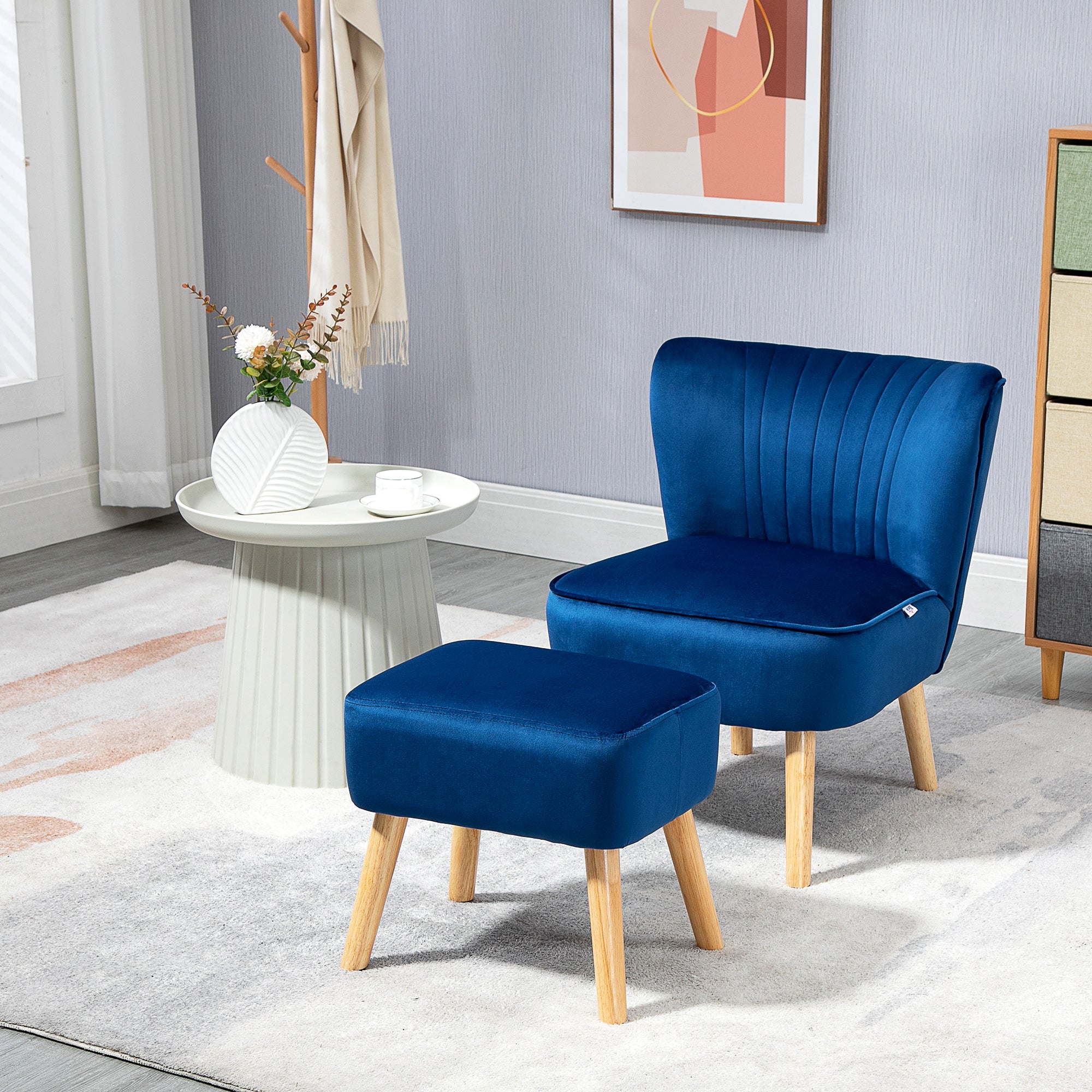 HOMCOM Velvet Accent Chair Occasional Tub Seat Padding Curved Back w/ Ottoman Wood Frame Legs Home Furniture, Dark Blue - North Peak Garden Furniture