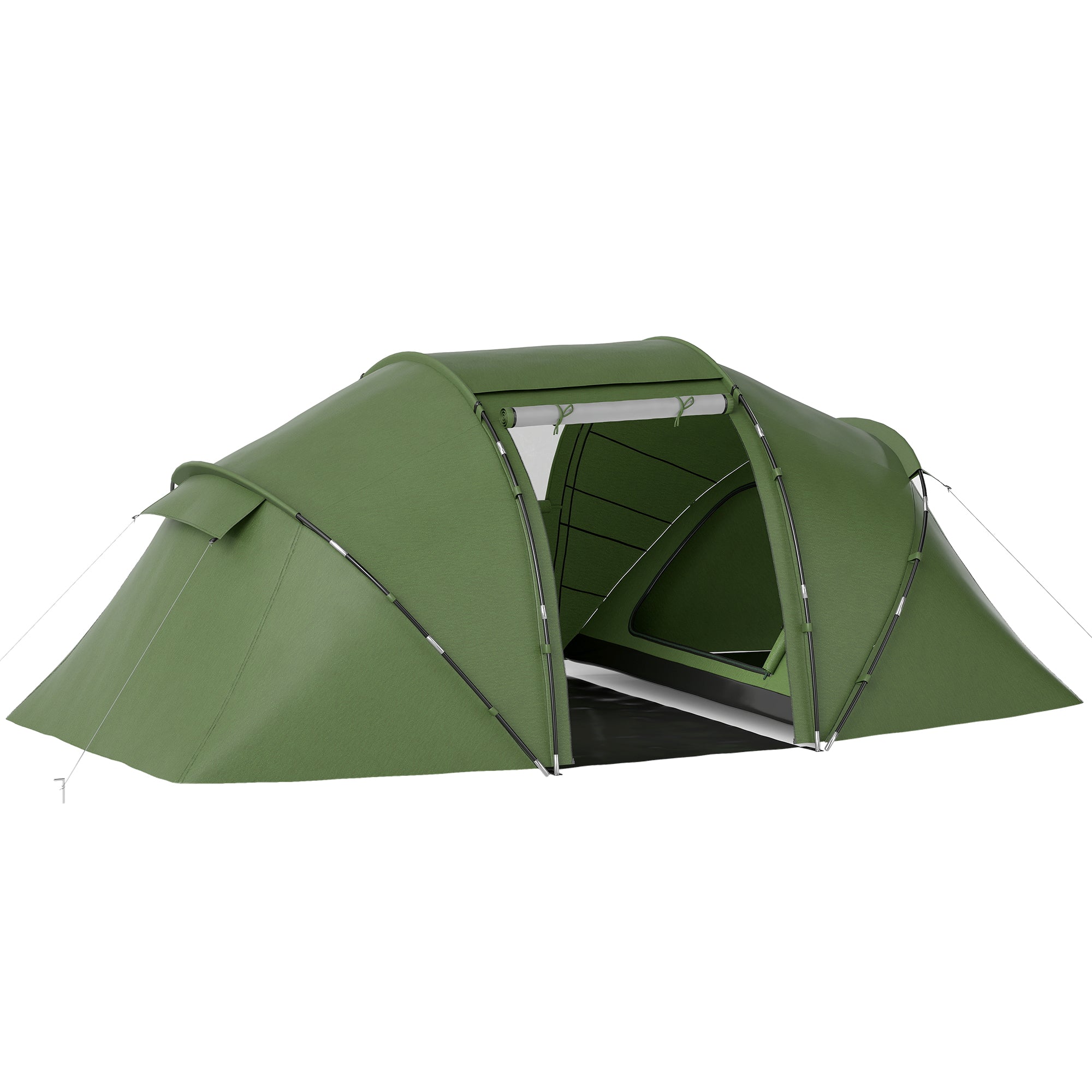 Outsunny 4-6 Man Camping Tent w/ Two Bedroom, Hiking Sun Shelter, UV Protection Tunnel Tent, Dark Green - North Peak Garden Furniture