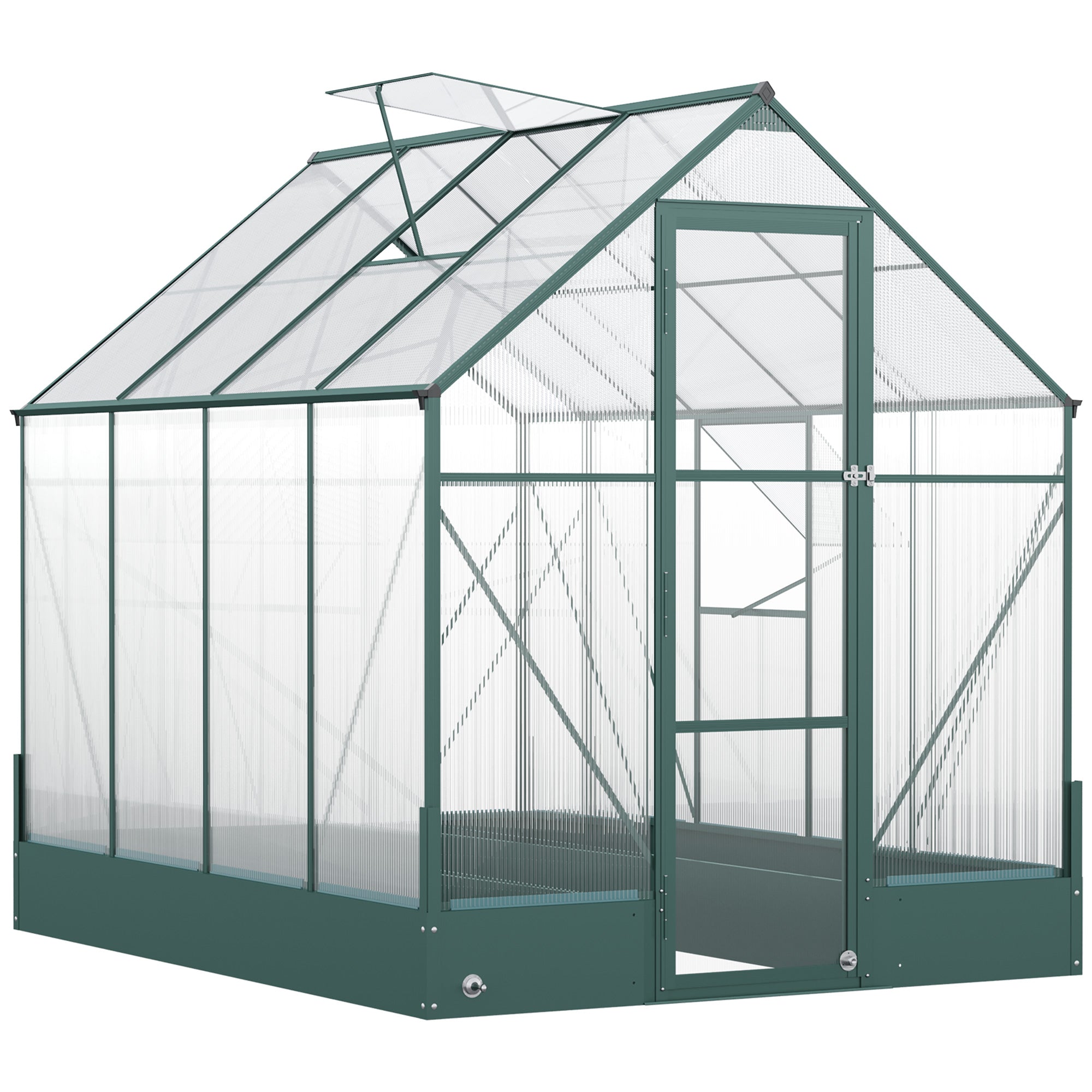 Outsunny Garden Walk-in Aluminium Greenhouse Polycarbonate with Plant Bed, Temperature Controlled Window, Foundation, 6 x 8ft - North Peak Garden Furniture