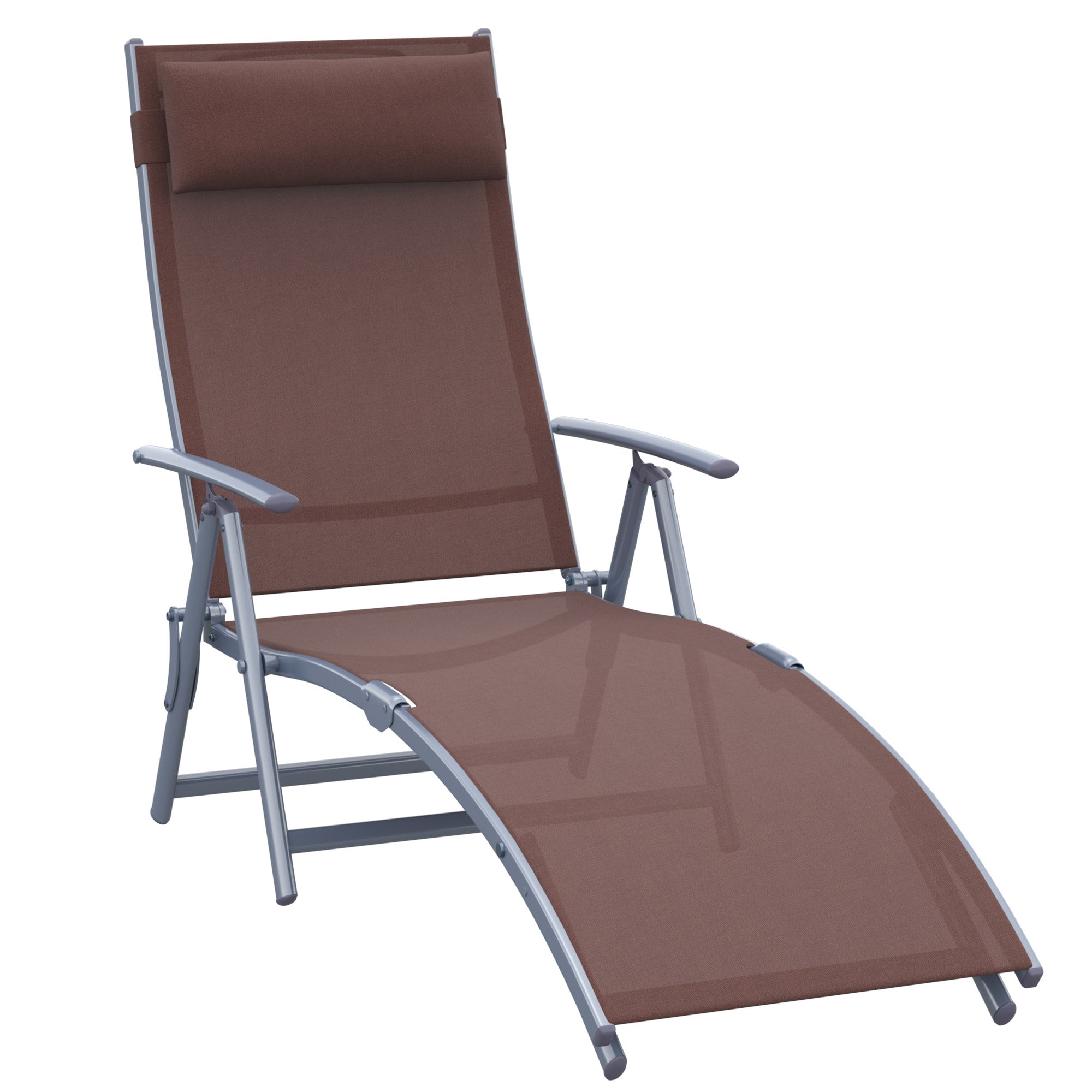 Outsunny Sun Lounger Steel Frame Outdoor Folding Chaise Texteline Lounge Chair Recliner with Headrest & 7 Levels Adjustable Backrest, Brown - North Peak Garden Furniture