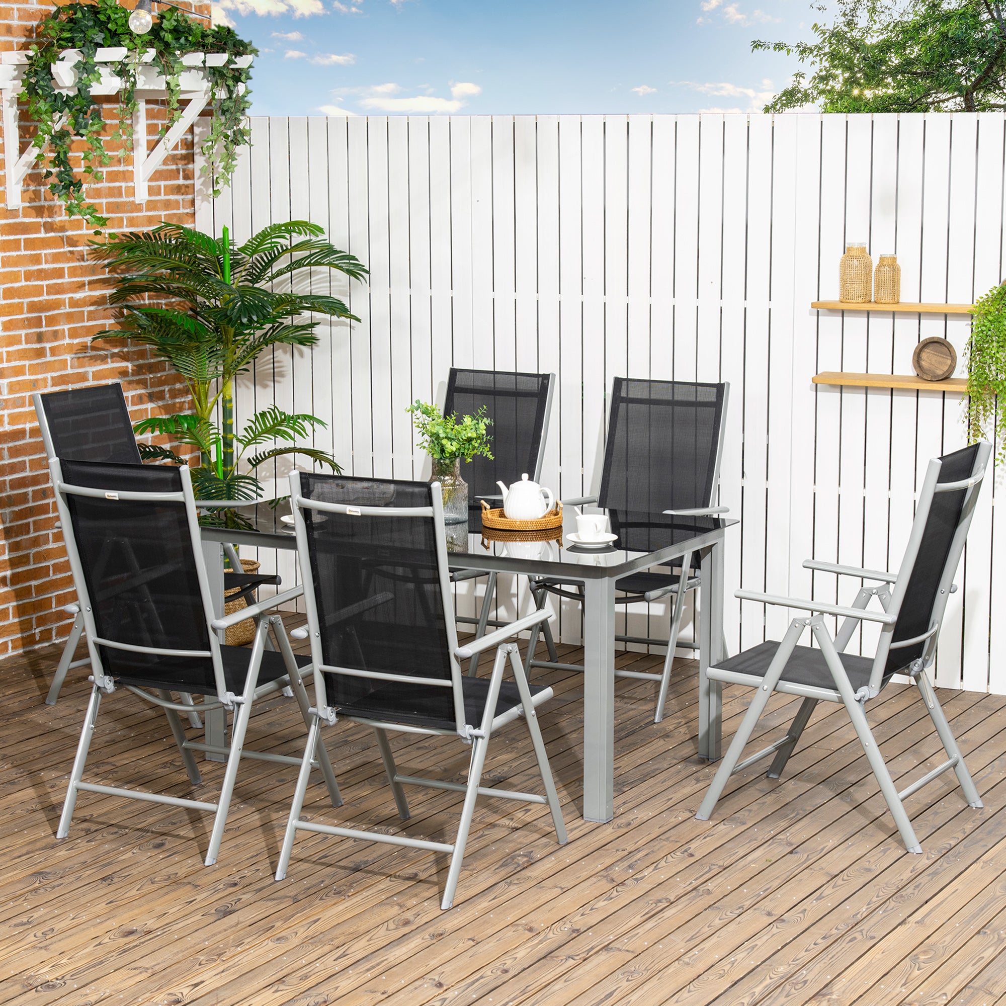Outsunny 7 Piece Garden Dining Set, Outdoor Table and 6 Folding and Reclining Chairs, Aluminium Frame, Tempered Glass Top Table, Texteline Seats, Black - North Peak Garden Furniture
