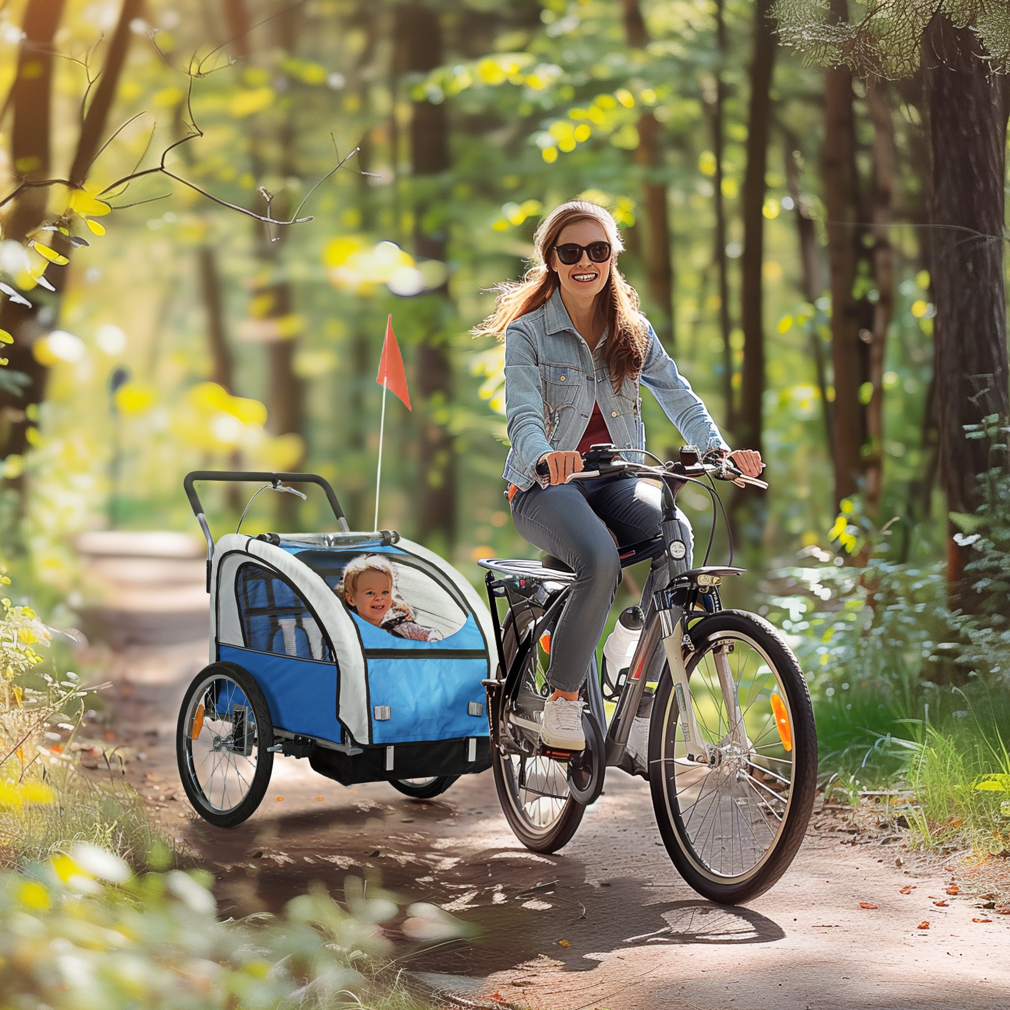 HOMCOM 2 Seat Bike Trailer with 5 Point Harness, Baby Bike Stroller with Safety Flag, Reflectors, for 18+ Months, Blue - North Peak Garden Furniture