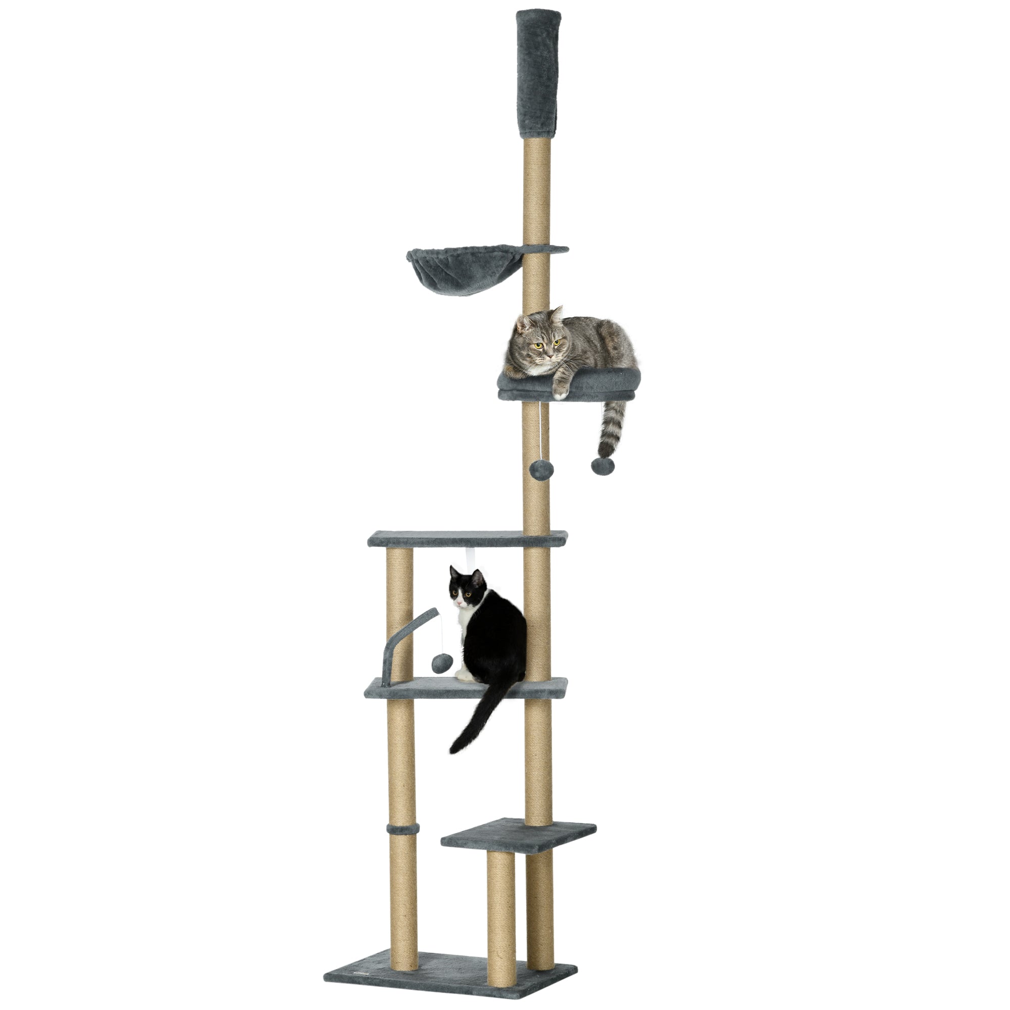 PawHut Floor to Ceiling Cat Tree for Indoor Cats, 6-Tier Play Tower Climbing Activity Center with Scratching Post, Platforms, Bed, Hammock, Adjustable Height 230-250cm, Grey - North Peak Garden Furniture