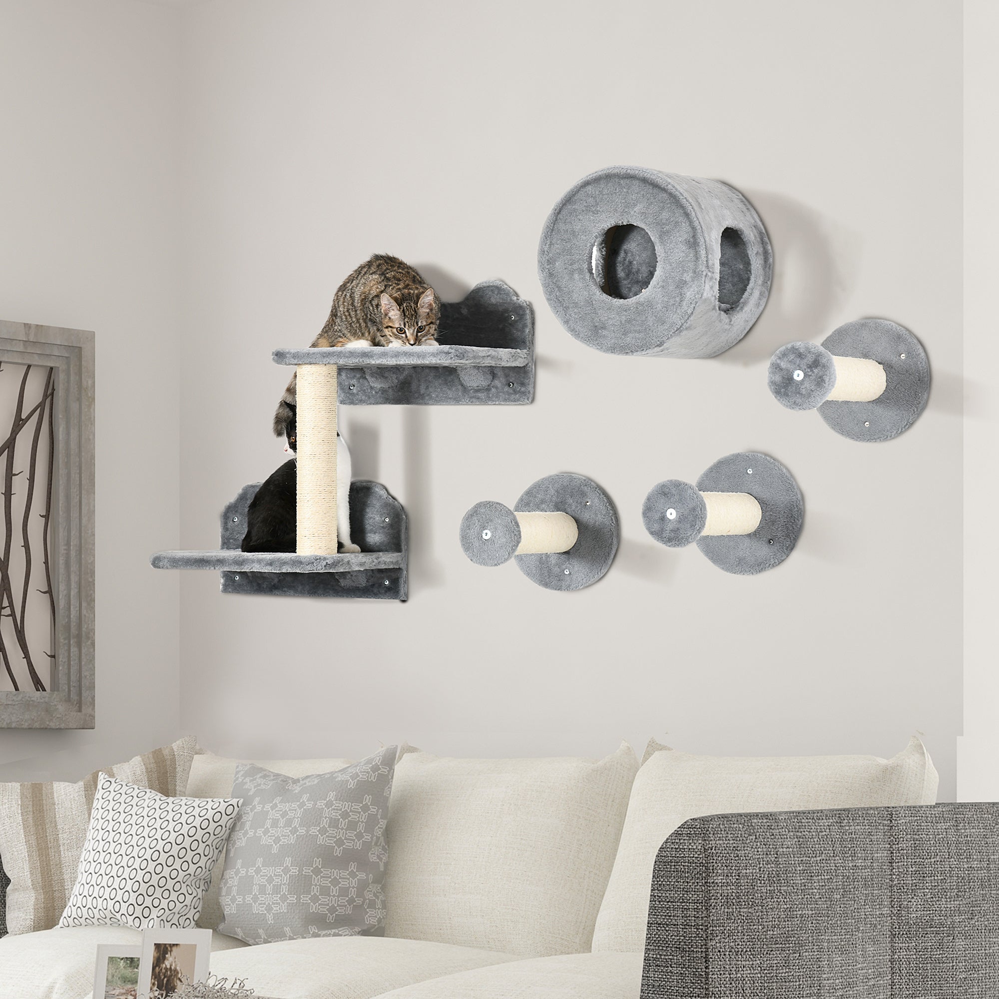 PawHut 5PCs Cat Wall Furniture with Perch, Cat House, Scratching Post - North Peak Garden Furniture