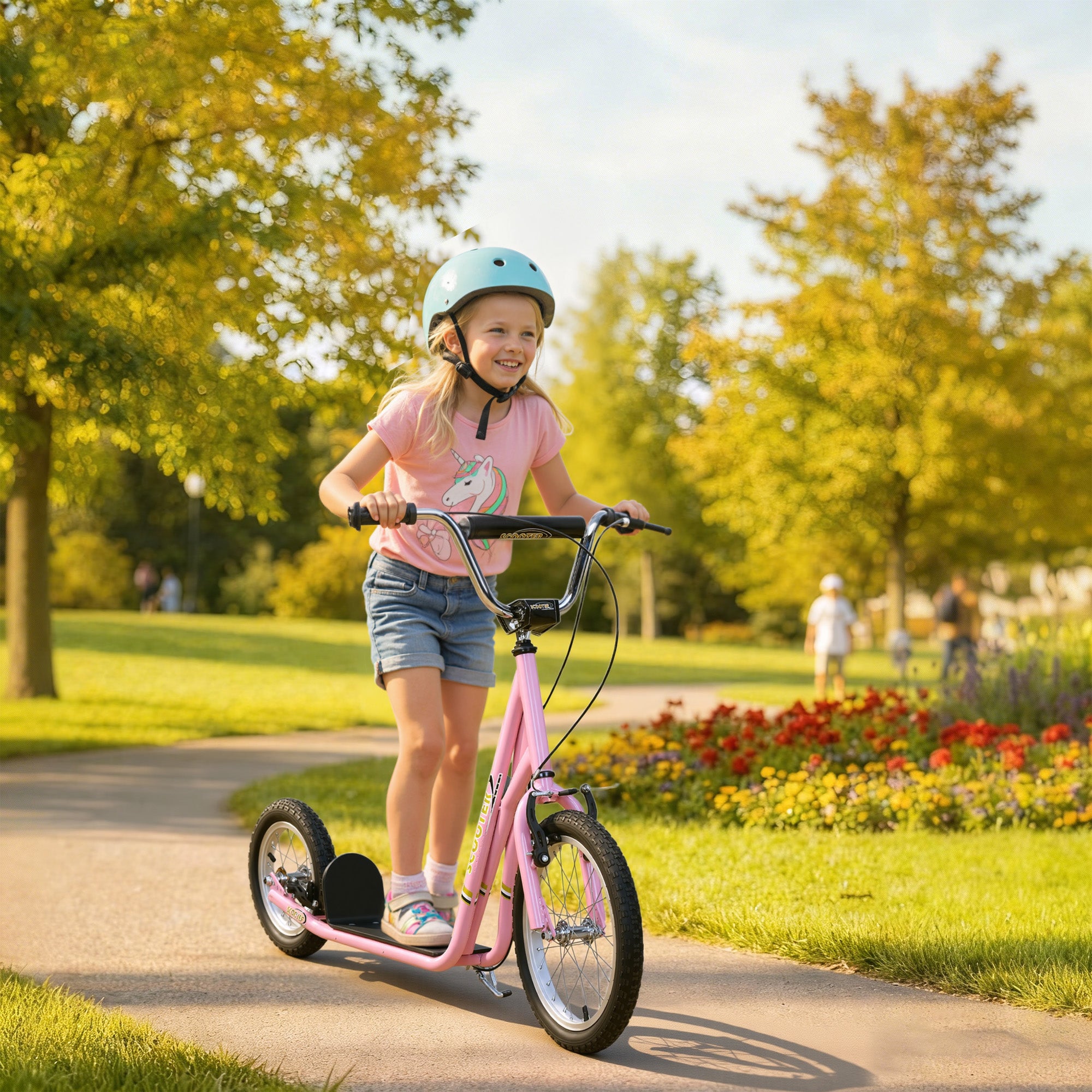HOMCOM Teen Stunt Scooter Push Kick Scooters for Kids with Rubber Wheels Adjustable Handlebar Front Rear Dual Brakes Kickstand, for 5+ Years, Pink