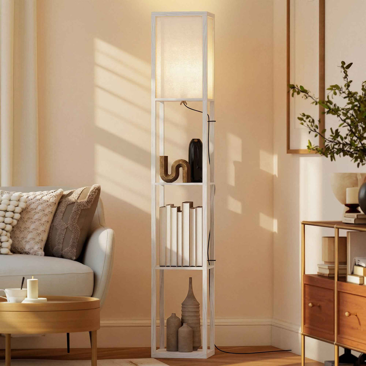 HOMCOM 3-Tier Floor Lamp, Floor Light with Storage Shelf, Reading Standing Lamp for Living Room, Bedroom, Kitchen, Dining Room, Office, Dorm, 160cm, White