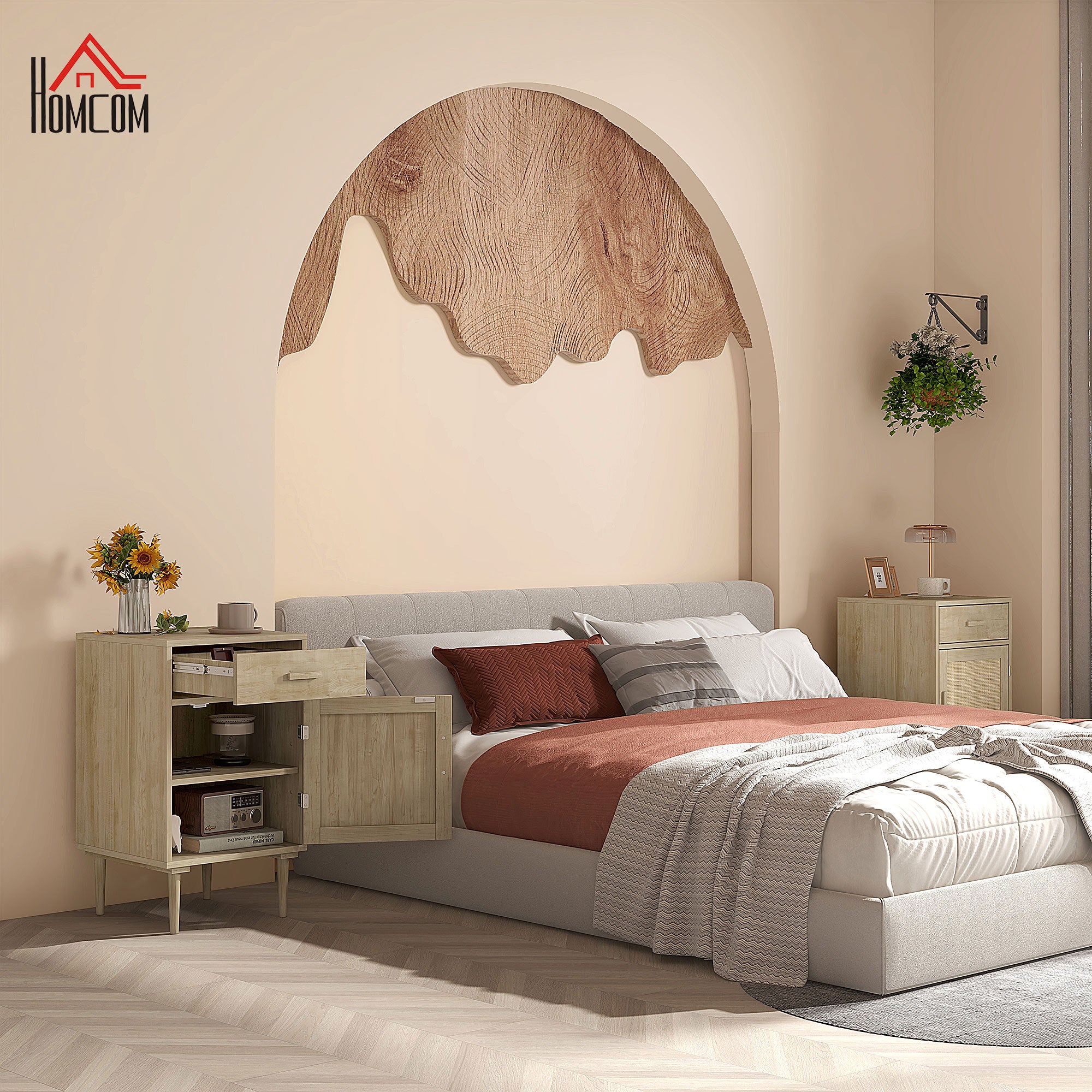 HOMCOM Bedside Table, Rattan Side Tables with Drawer, Cabinet and Adjustable Shelf, Boho Bedside Cabinet with Storage for Bedroom, Living Room, Natural Wood Effect - North Peak Garden Furniture