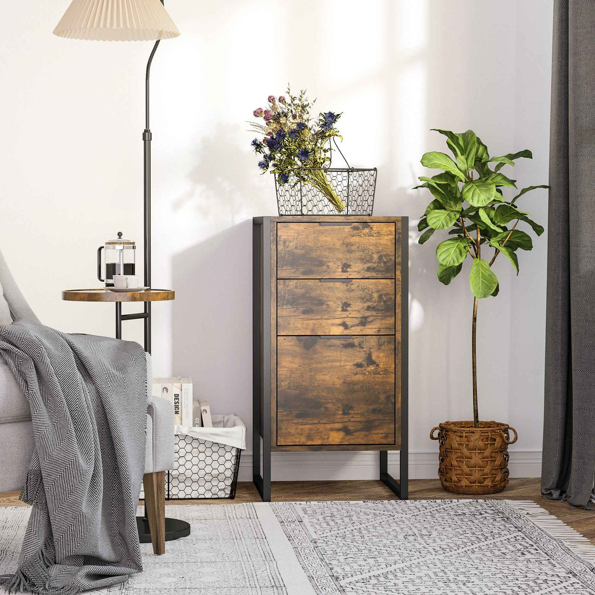 HOMCOM Bedroom Chest of Drawers, Industrial 3-Drawer Dresser, Storage Drawers Unit with Metal Frame for Living Room, Rustic Brown