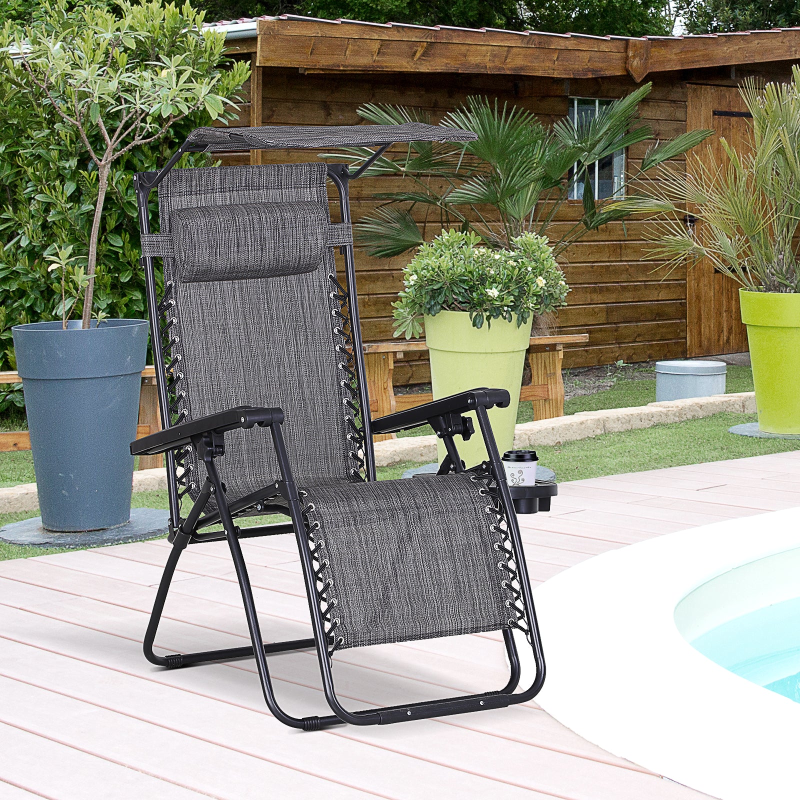 Outsunny Foldable Reclining Garden Chair with Headrest, Zero Gravity Deck Sun Lounger Seat Chair with Footrest, Armrest, Cup Holder & Canopy Shade, Grey - North Peak Garden Furniture
