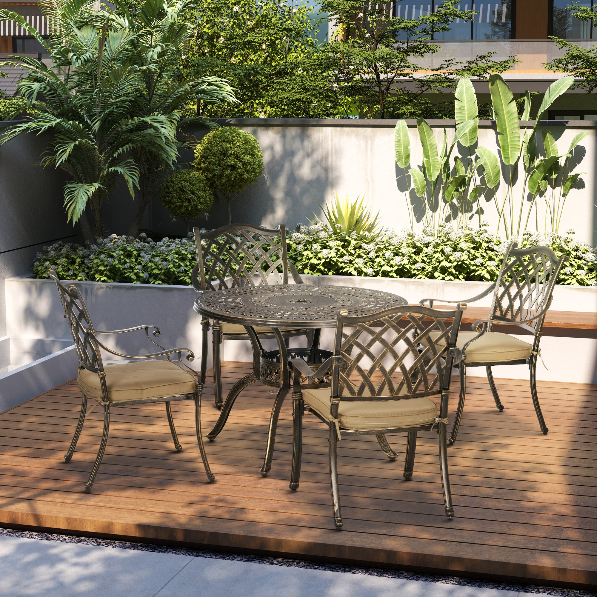 Outsunny 4 Seater Outdoor Dining Set Antique Cast Aluminium Garden Furniture Set with Cushions Round Dining Table with Parasol Hole, Bronze - North Peak Garden Furniture