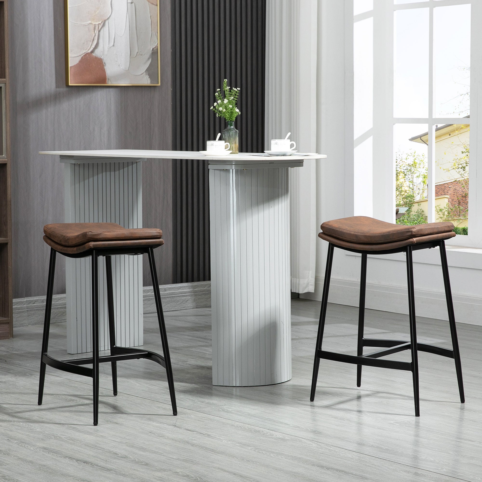 HOMCOM Breakfast Bar Stools Set of 2, Microfibre Upholstered Barstools, Industrial Bar Chairs with Curved Seat and Steel Frame for Dining Room, Kitchen, Brown - North Peak Garden Furniture
