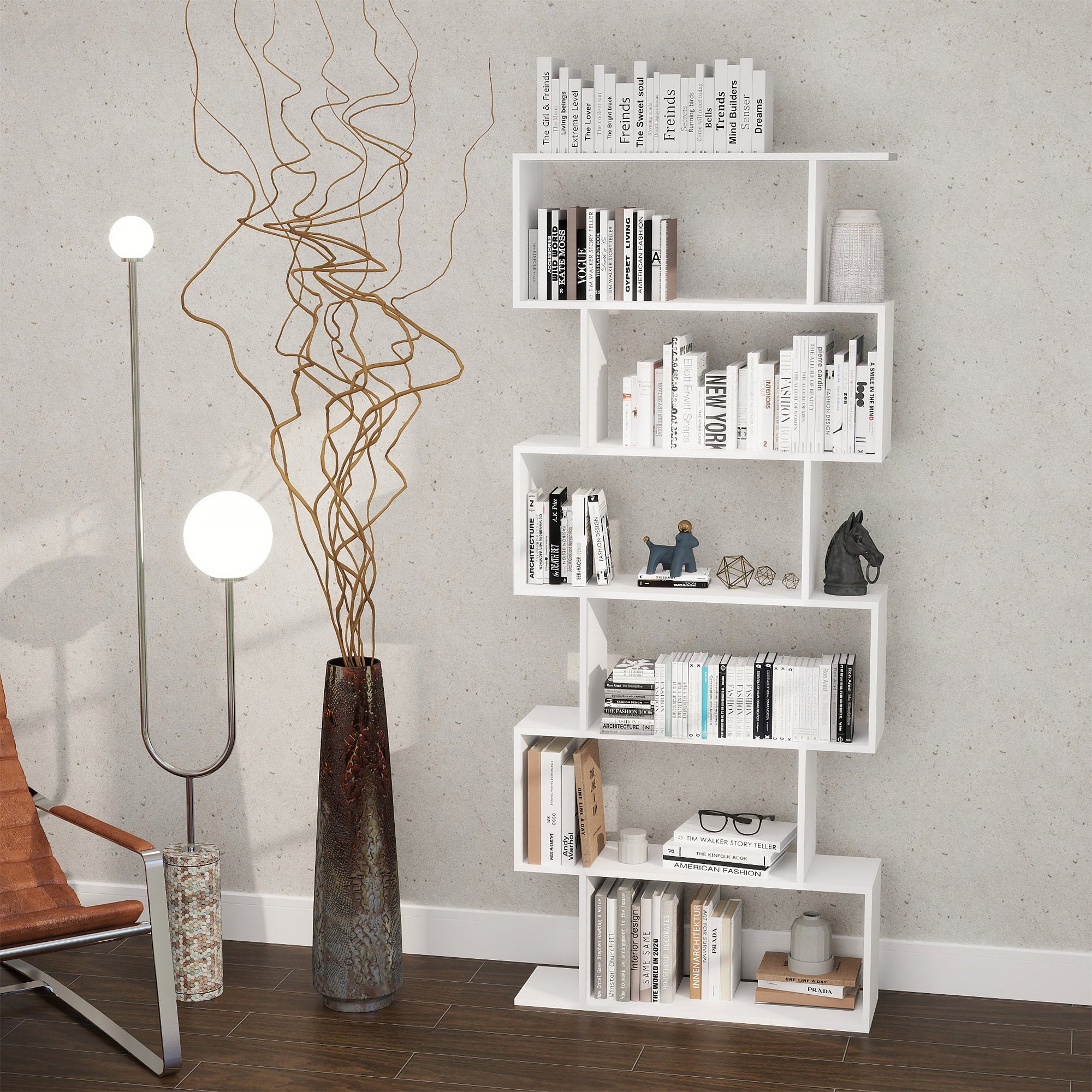 HOMCOM Wooden Wood S Shape Storage Display 6 Shelves Room Divider Unit Chest Bookshelf Bookcase Cupboard Cabinet Home Office Furniture (White) - North Peak Garden Furniture