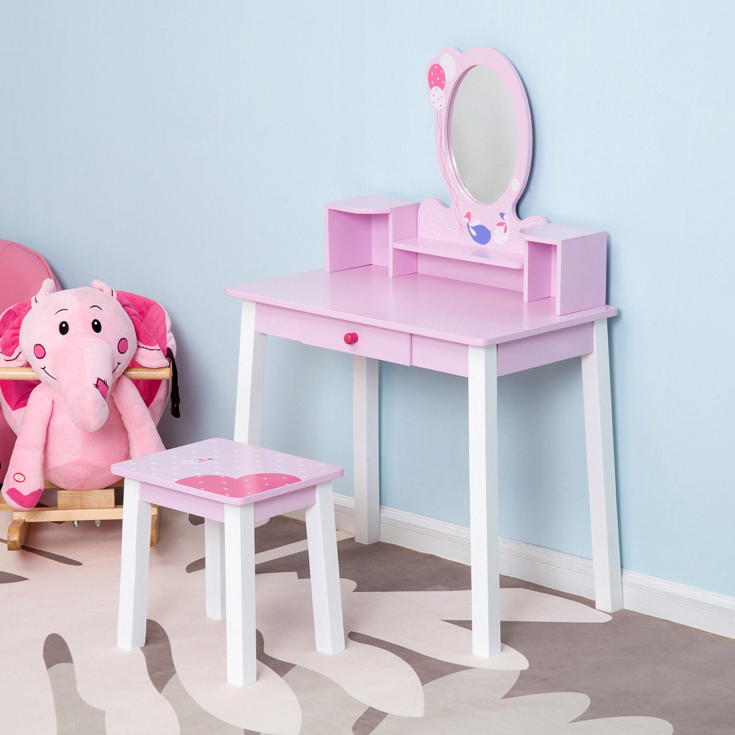 HOMCOM Kids Wooden Dressing Table and Stool Make Up Desk (Pink) - North Peak Garden Furniture