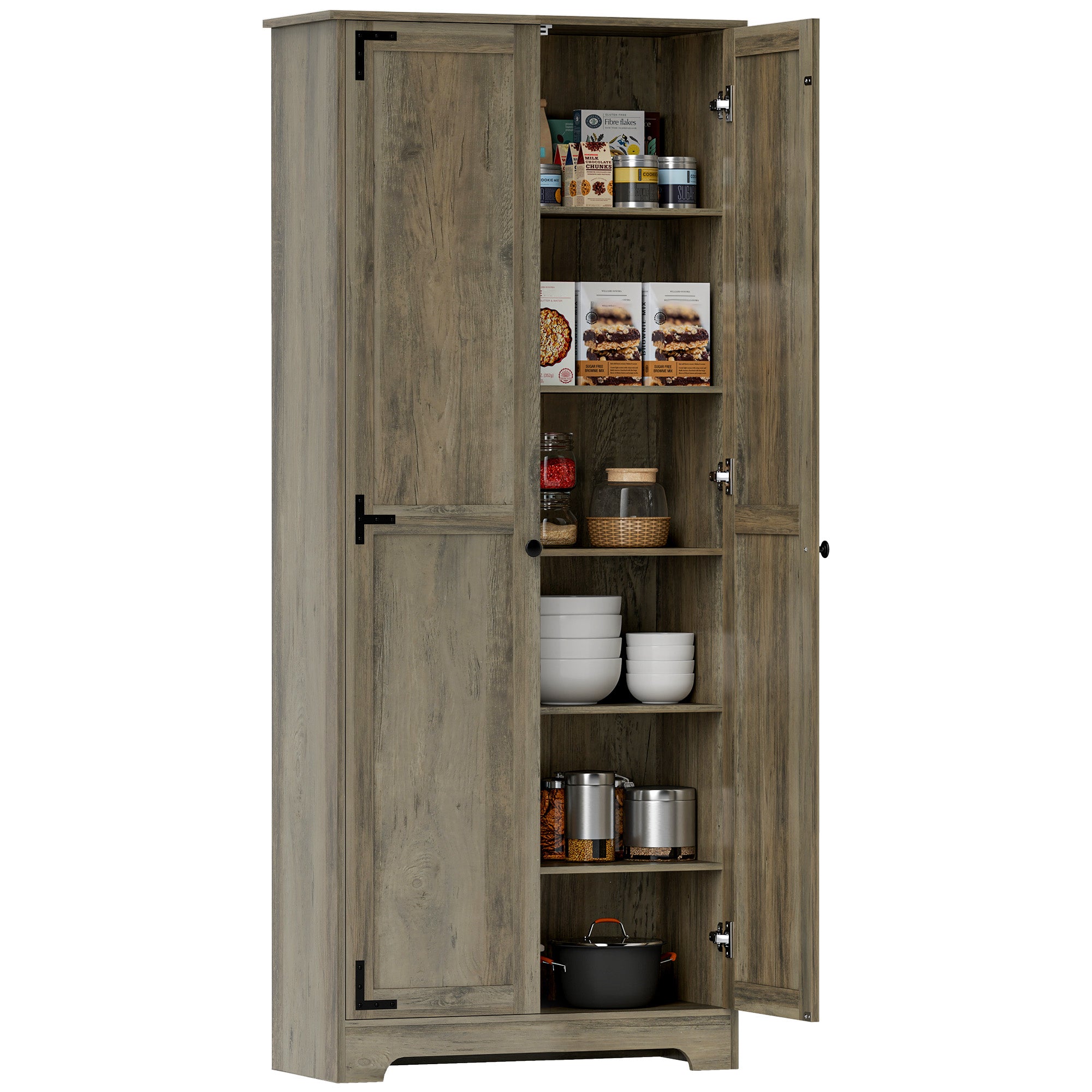 HOMCOM Farmhouse Kitchen Cupboard, Freestanding Kitchen Storage Cabinet with Adjustable Shelves, Tall Storage Cabinet with Recessed Doors, Grey Wood-Effect - North Peak Garden Furniture