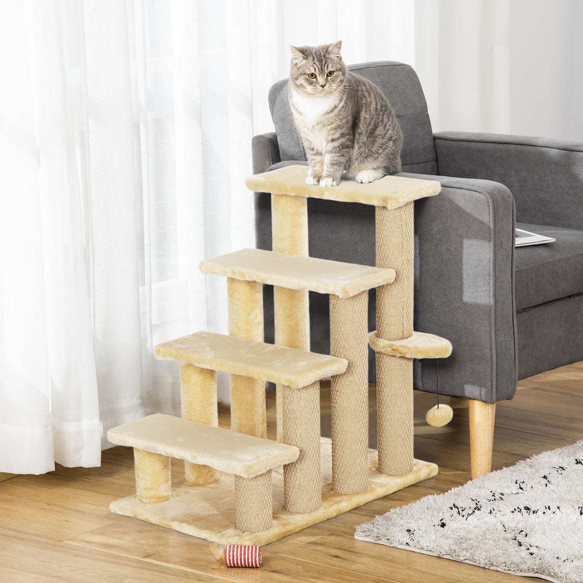 PawHut 4-step Pet Stairs with Scratching Posts, Platforms, Toy Ball, Beige