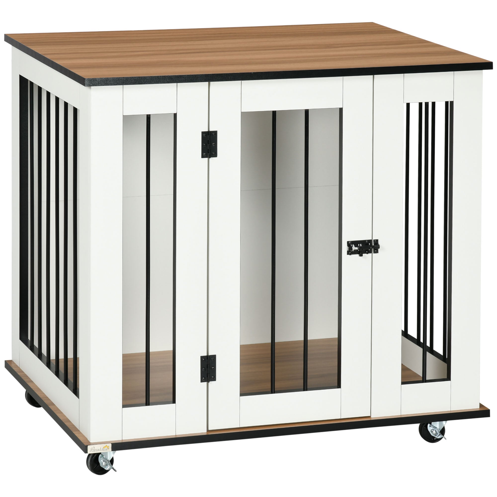 PawHut Dog Crate Furniture, Dog Cage End Table, with Wheels, for Medium Dogs, 80 x 60 x 76.5cm - White - North Peak Garden Furniture