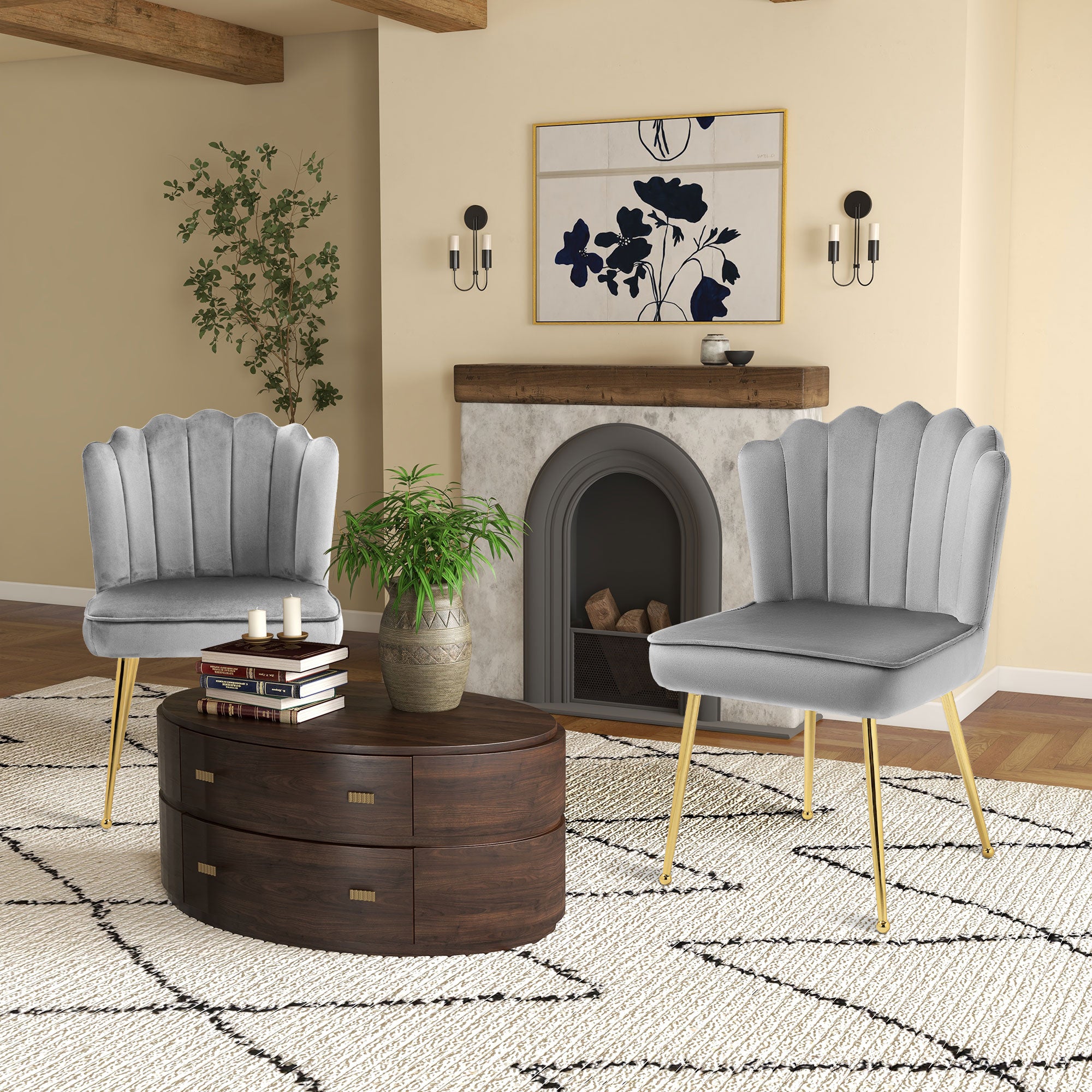 HOMCOM Shell Dining Chairs Set of 2, Upholstered Kitchen Chairs with Gold Metal Legs and Backrest, Velvet Fabric Lounge Leisure Chairs for Living Room, Reception Room, Grey - North Peak Garden Furniture