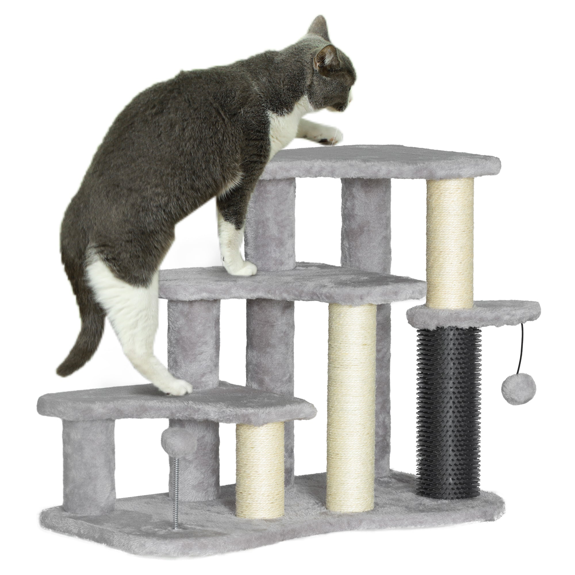 PawHut 2-in-1 Cat Tree, Pet Stairs w/ Scratching Post, Toy Balls, for Bed, Sofa, Couch, Light Grey - North Peak Garden Furniture