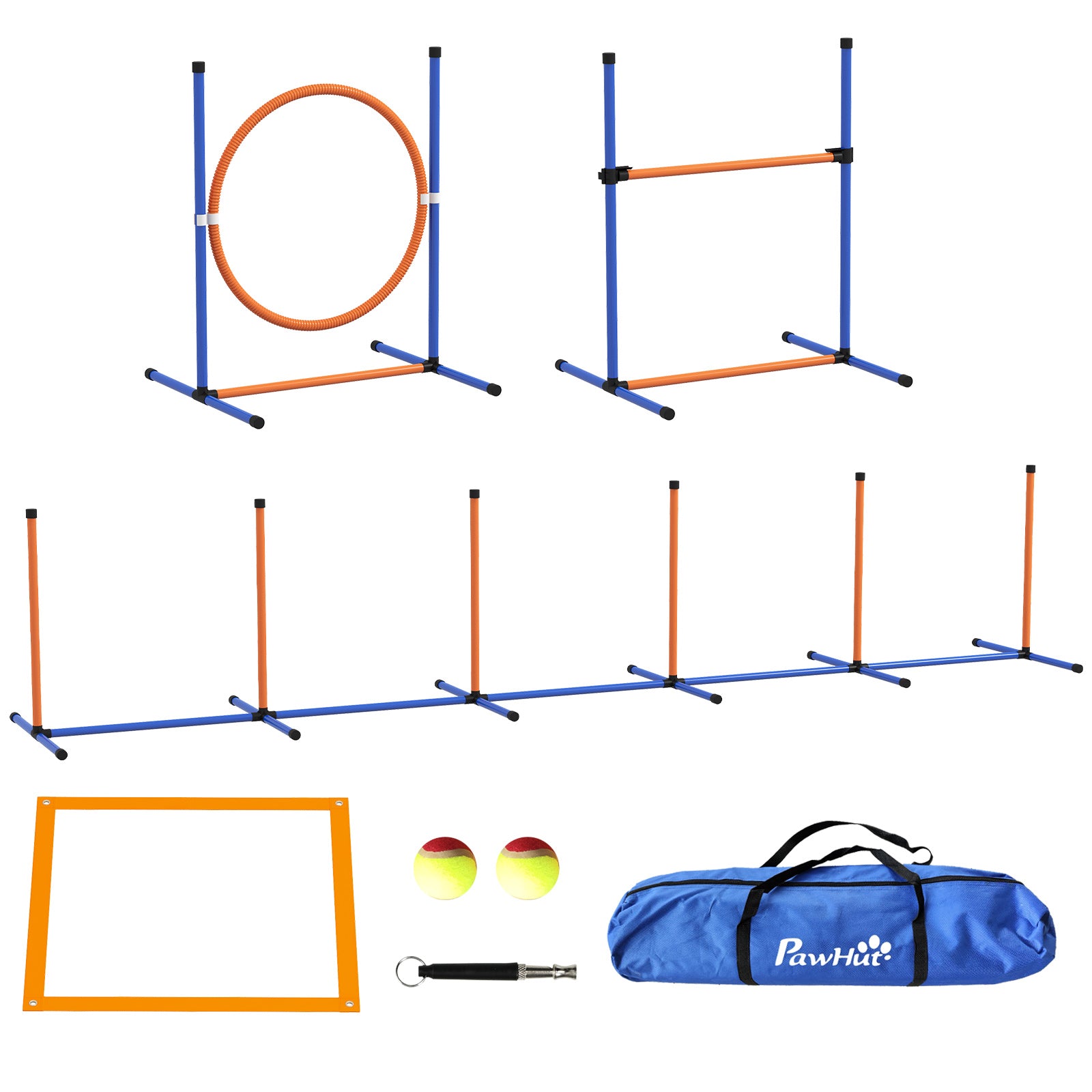 PawHut Dog Agility Training Equipment with Weave Poles, Jump Ring, Pause Box, Adjustable Hurdle, Carry Bag, Orange - North Peak Garden Furniture
