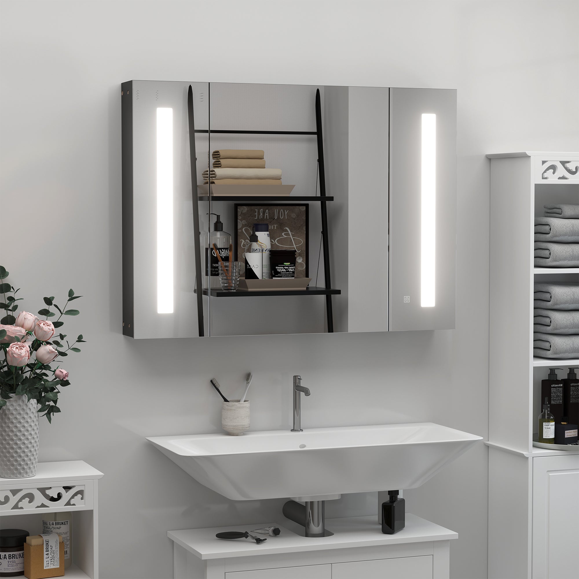 kleankin LED Bathroom Cabinet with Mirror, Wall Mounted Dimmable Brightness Storage Organiser with 3 Mirrored Doors and Adjustable Shelves, Memory Function, USB Charge, High Gloss Black - North Peak Garden Furniture