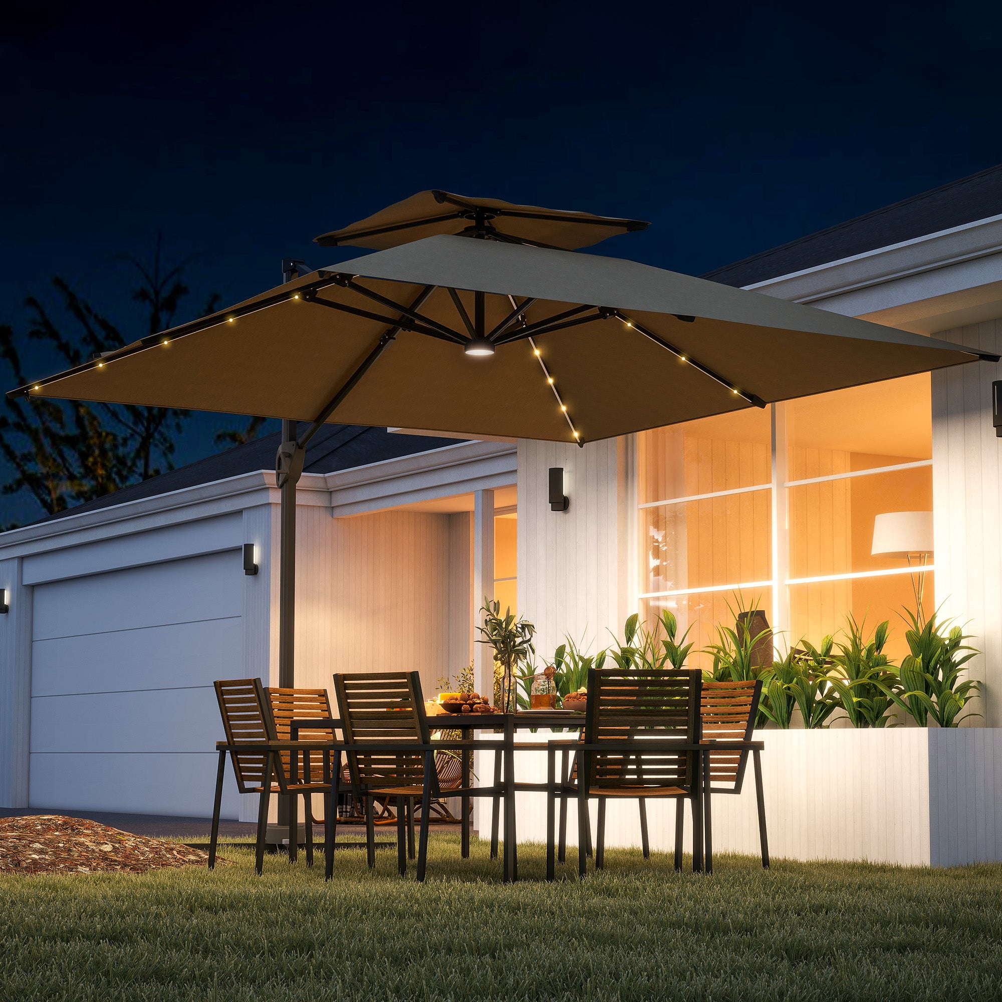 Outsunny 3.5x3 m Garden Cantilever Parasol with Solar LED Lights and Centre Light, Aluminium Large Square Patio Umbrella, UPF50+ Hanging Sun Shade with Cross Base, Crank Handle and Tilt, Khaki - North Peak Garden Furniture