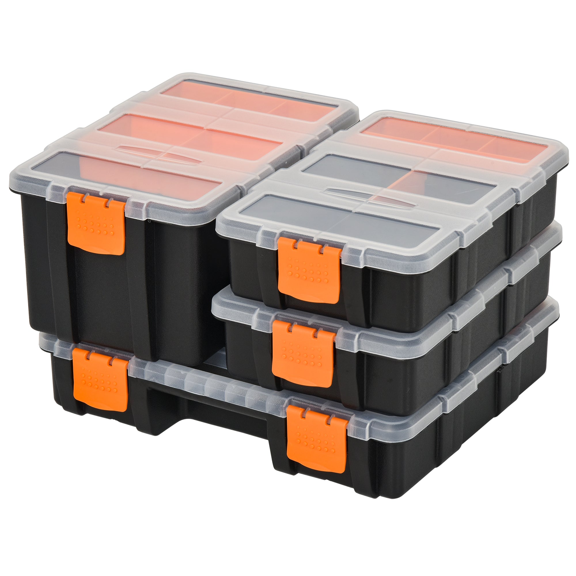 DURHAND Set Of 4 Plastic DIY Tool Storage Boxes w/ Inside Dividers Locking Lids Home Garage Organisation Stacking Arts Crafts Bolts Black Orange - North Peak Garden Furniture