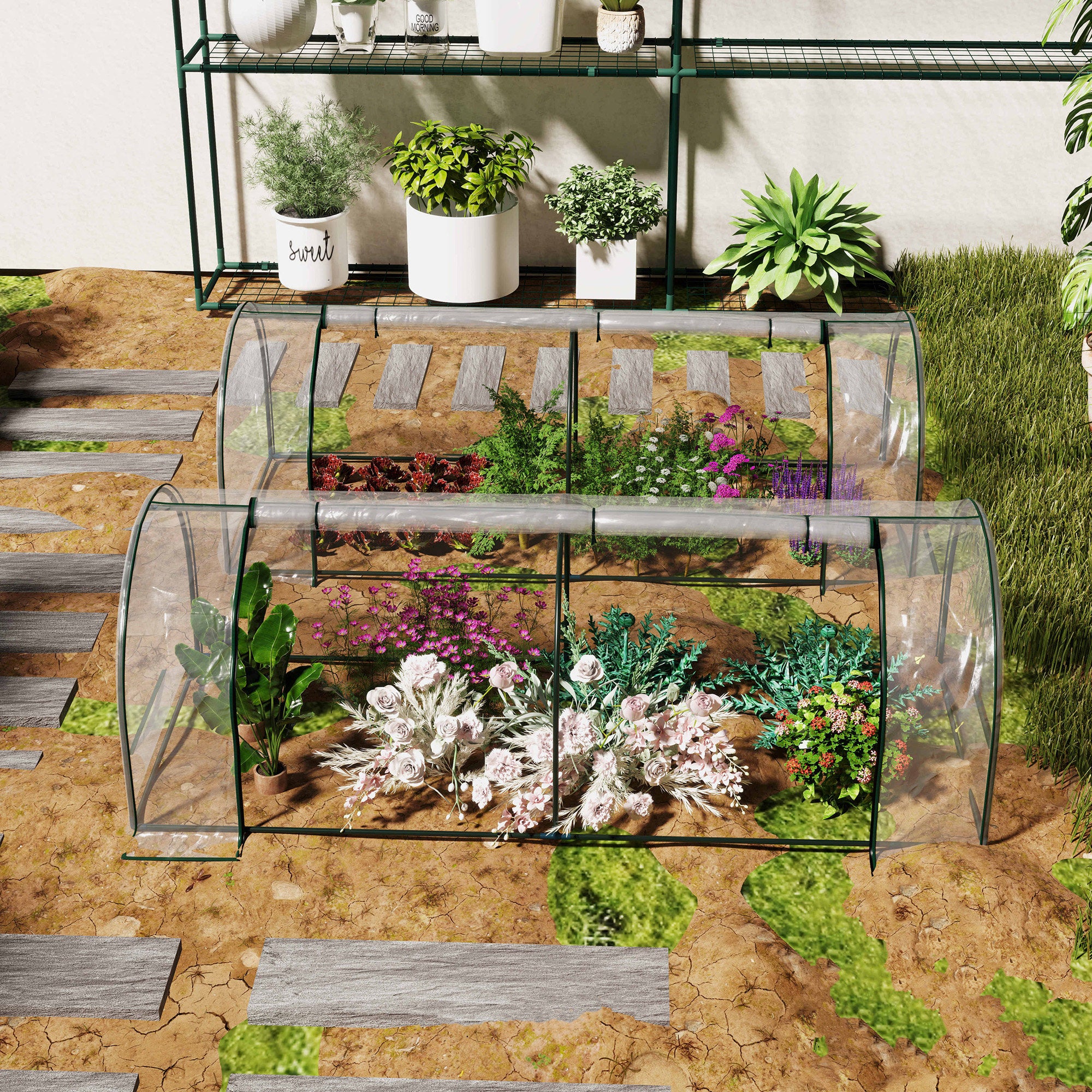 Outsunny Set of 2 Tunnel Greenhouse, Green Grow House with Roll-up Door, Steel Frame, Plastic Cover for Garden, Outdoor, 250 x 100 x 80cm, Clear - North Peak Garden Furniture