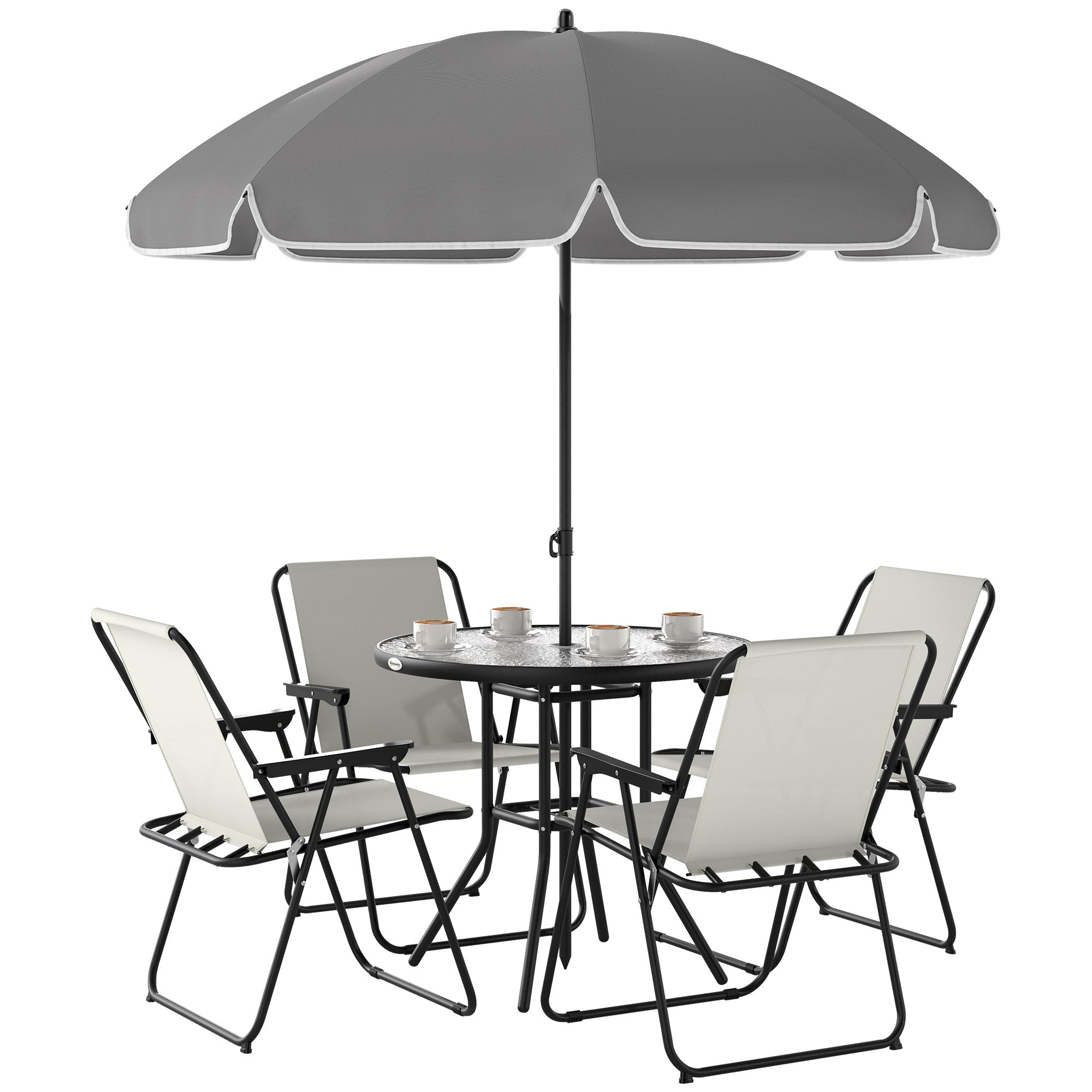 Outsunny 4 Seater Garden Furniture Set, 6 Pieces Garden Table and Chairs with Parasol, Outdoor Garden Dining Set with Folding Chairs and Round Glass Top Table for Patio, Cream White - North Peak Garden Furniture