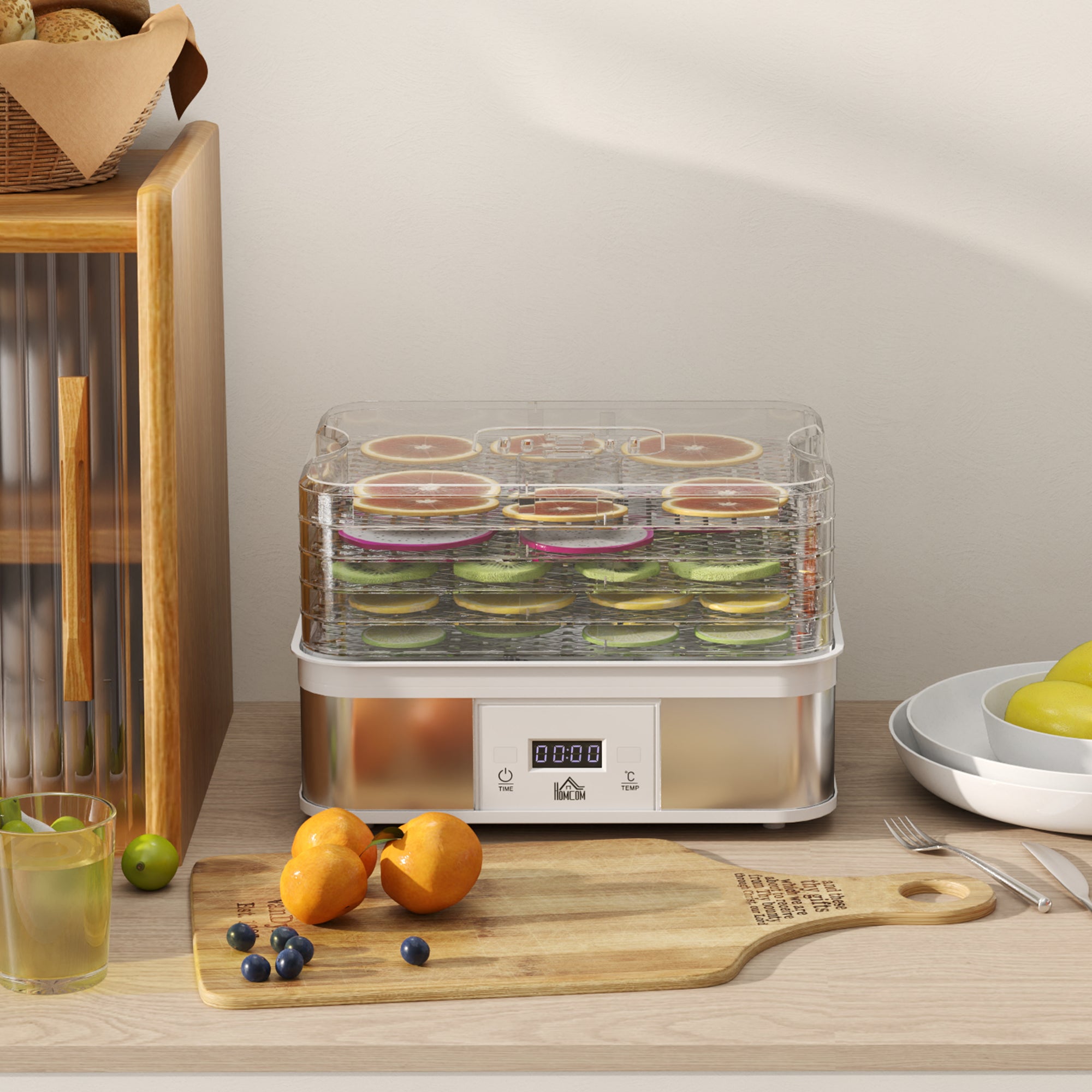 HOMCOM 5 Tier Food Dehydrator, 245W Stainless Steel Food Dryer Machine with Adjustable Temperature, Timer and LCD Display for Drying Fruit, Meat, Vegetable, Jerky and Pet Treat, White - North Peak Garden Furniture