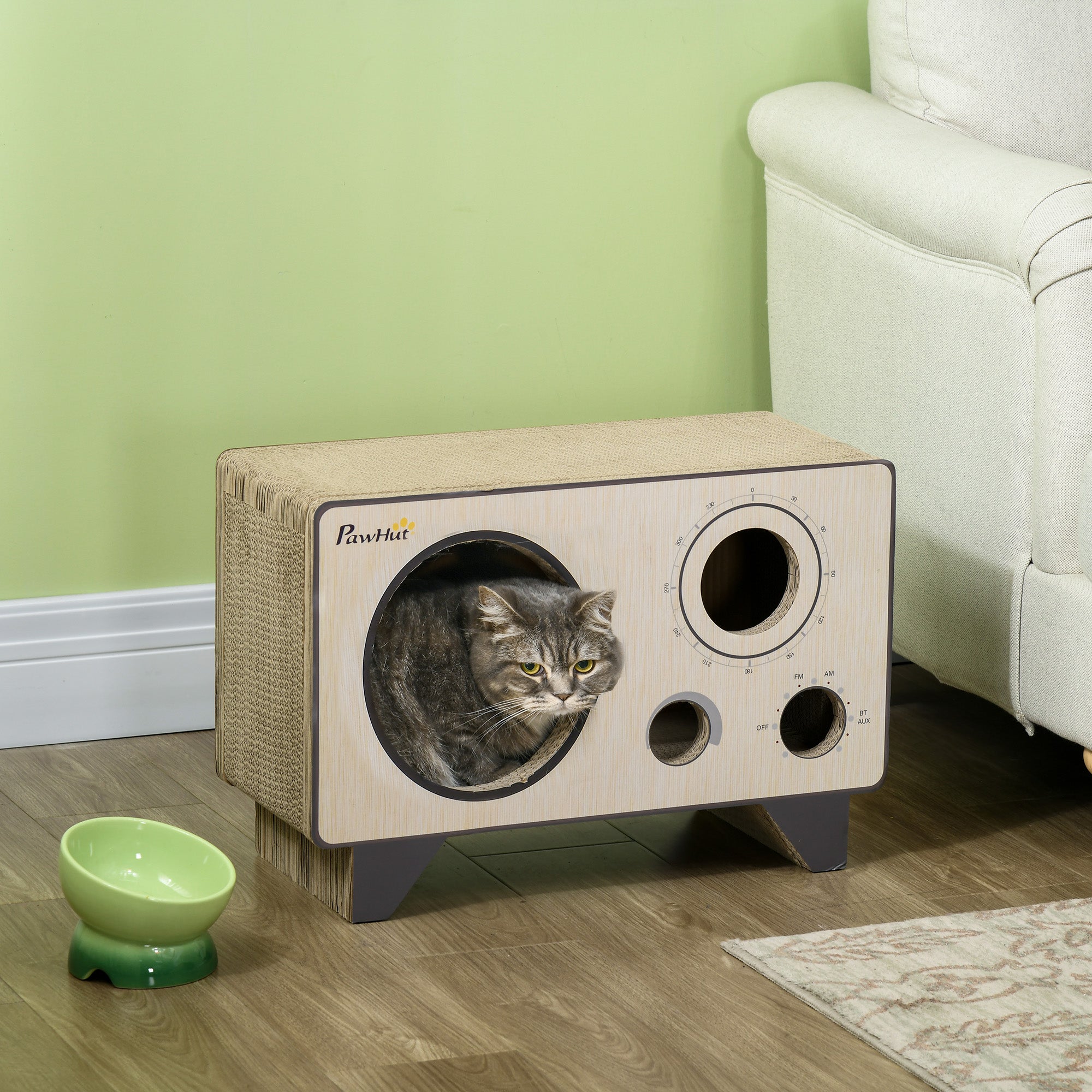 PawHut 2 in 1 Cat Scratcher, Radio Shape Cat House with Catnip, 57 x 24.5 x 39cm, Natural Wood Finish - North Peak Garden Furniture